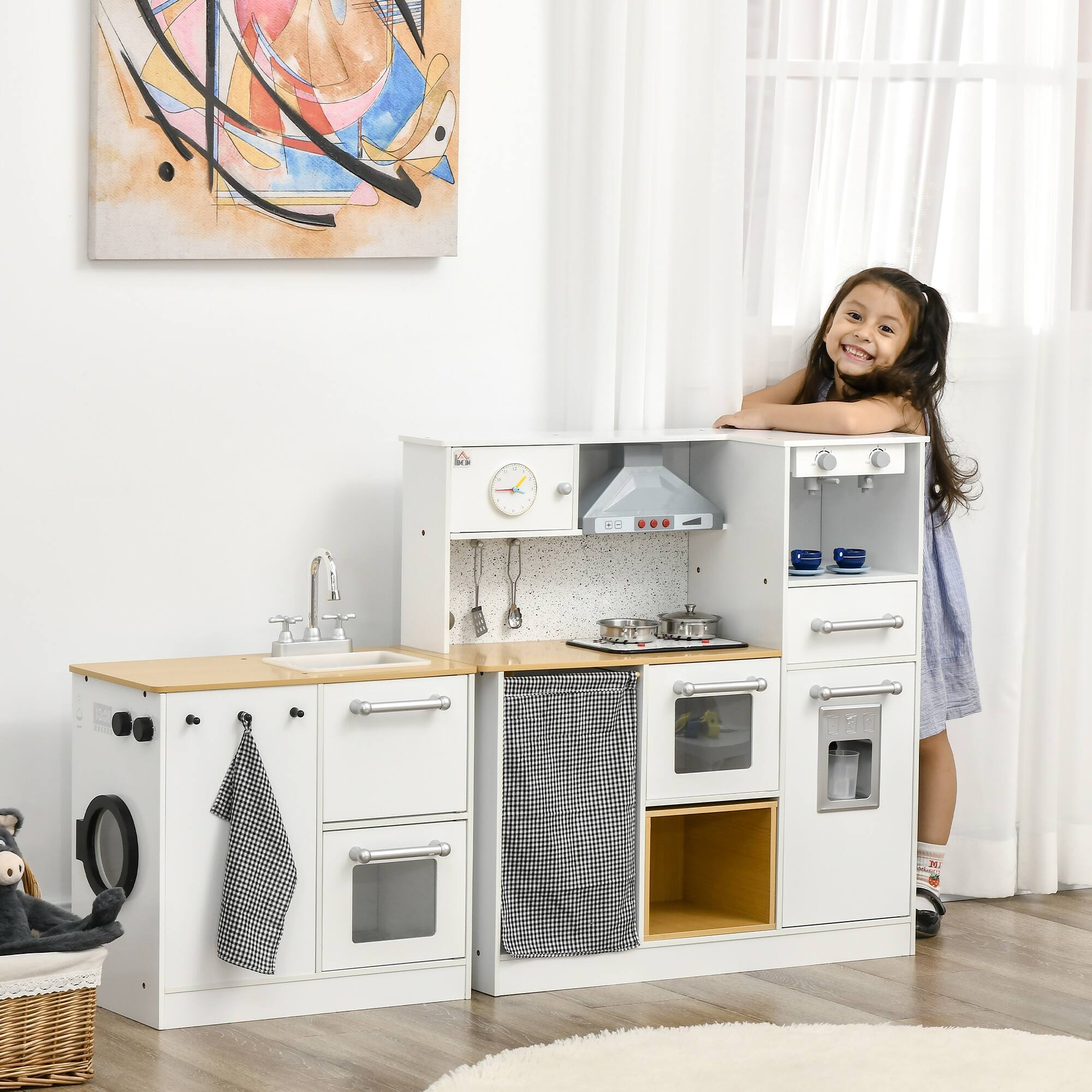 Alt View 6. Ecooso - Wooden Pretend Play Kitchen Set with Sound Effects, Washing Machine, and Imaginative Restaurant Toy for Ages 3-6 - White.