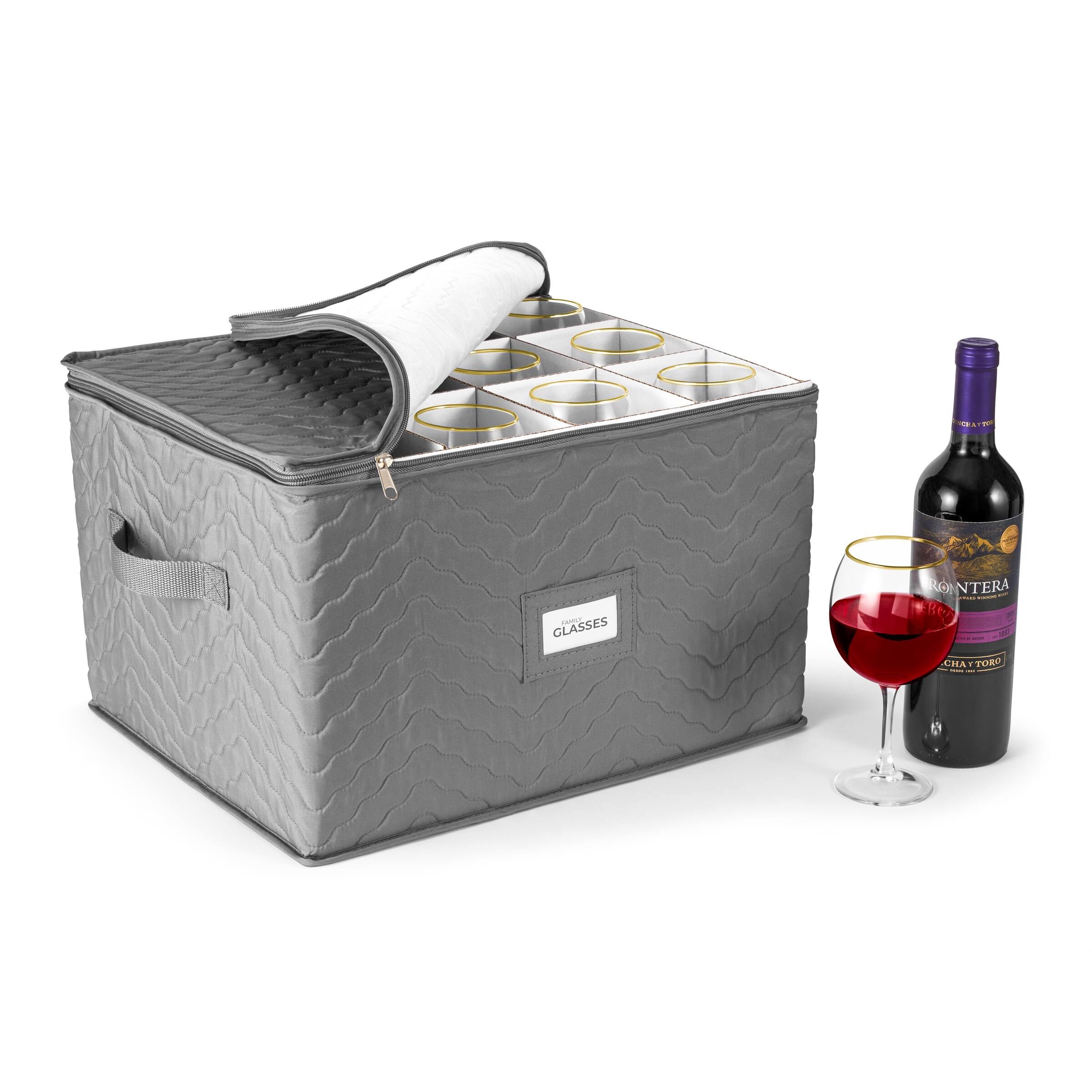 Sorbus - Deluxe Quilted Stemware Case with Dividers - Service for 12 - Great for Protecting Wine Glasses, and more - Gray