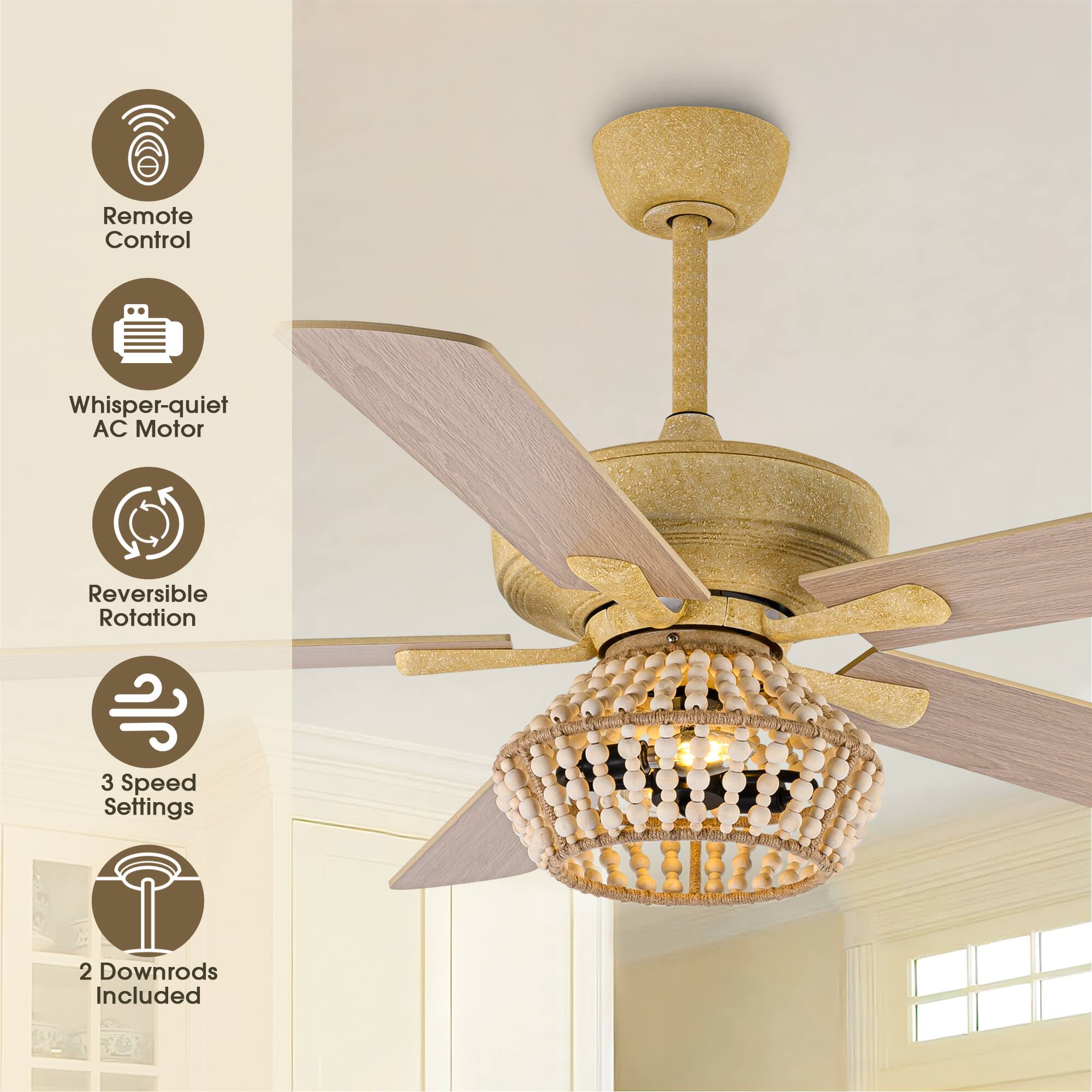 Remote Control  
Whisper-quiet AC Motor  
Reversible Rotation  
3 Speed Settings  
2 Downrods Included