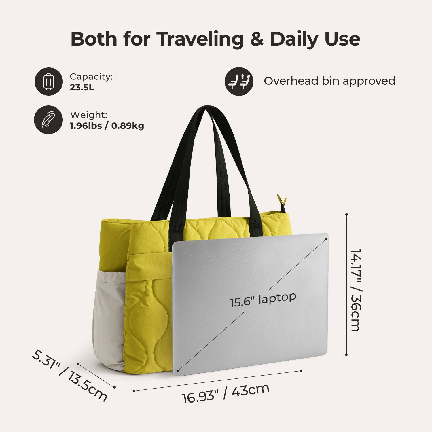 Both for Traveling & Daily Use

Capacity: 23.5L

Overhead bin approved

Weight: 1.96lbs / 0.89kg

5.31" / 13.5cm

15.6" laptop

16.93" / 43cm

14.17" / 36cm