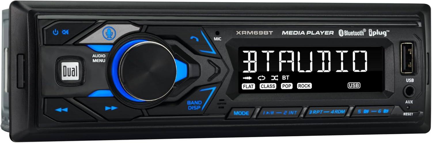 Dual AUDIO MENU  
XRM69BT MEDIA PLAYER  
Bluetooth plug™  

MIC  
AUDIO MENU  
BAND DISP  
MODE  
1 2 INT  
3RPT 4RDM  
5 RESET  

BT AUDIO  
FLAT  
CLASS  
POP  
ROCK  
USB  
AUX  

USB  
AUX  
RESET