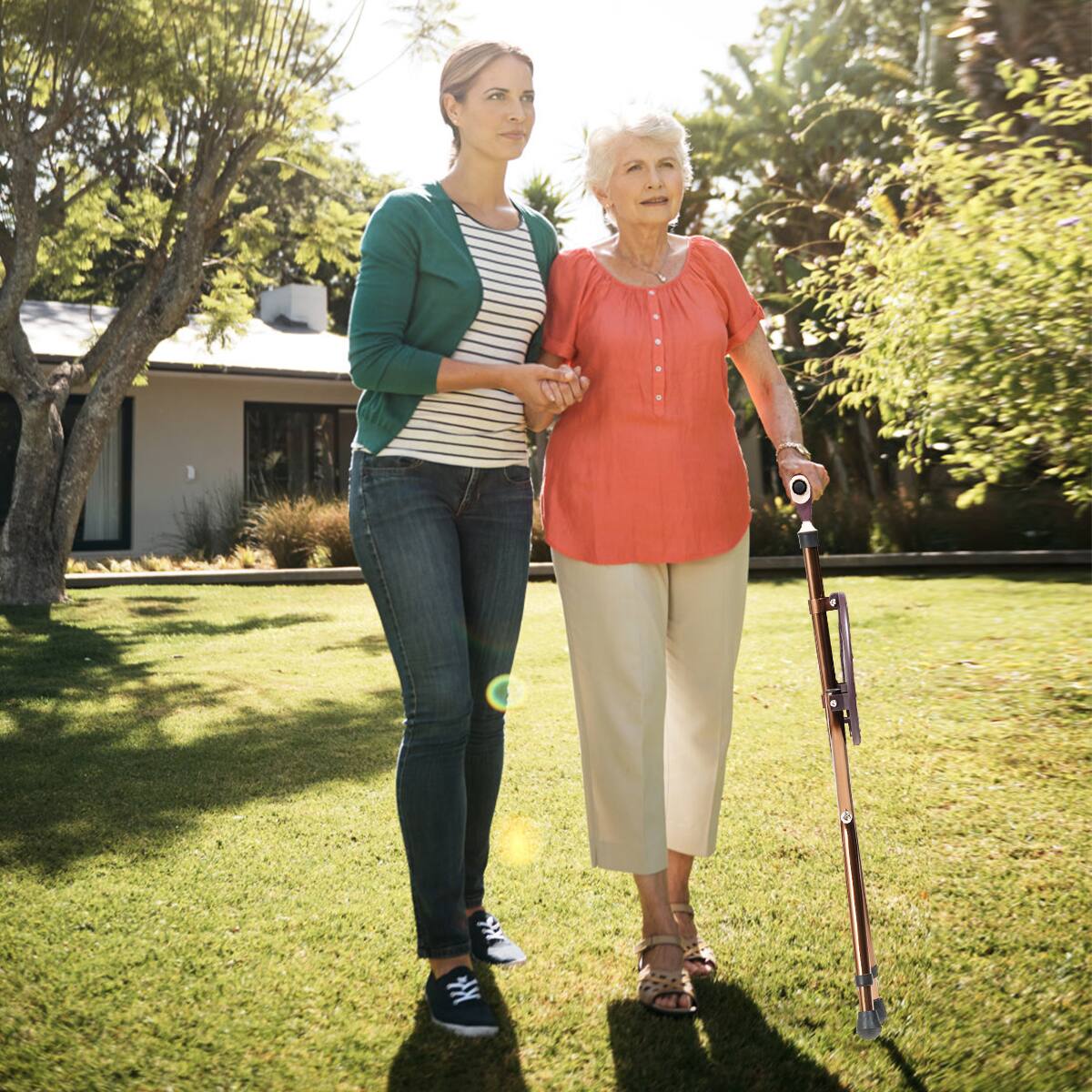 Alt View 1. GOPLUS - Goplus Outdoor Occasion Adjustable Large Folding Cane Seat Aluminum Alloy Crutch Chair - Coffee.