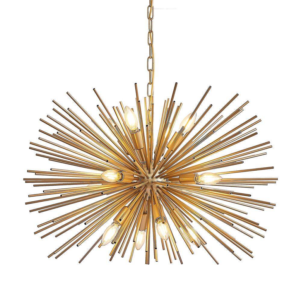 Angle. Kadyn - 29" Mid-Century Modern 12-Light Starburst Chandelier – Gold Sputnik Pendant Light Fixture, Gold - Gold.