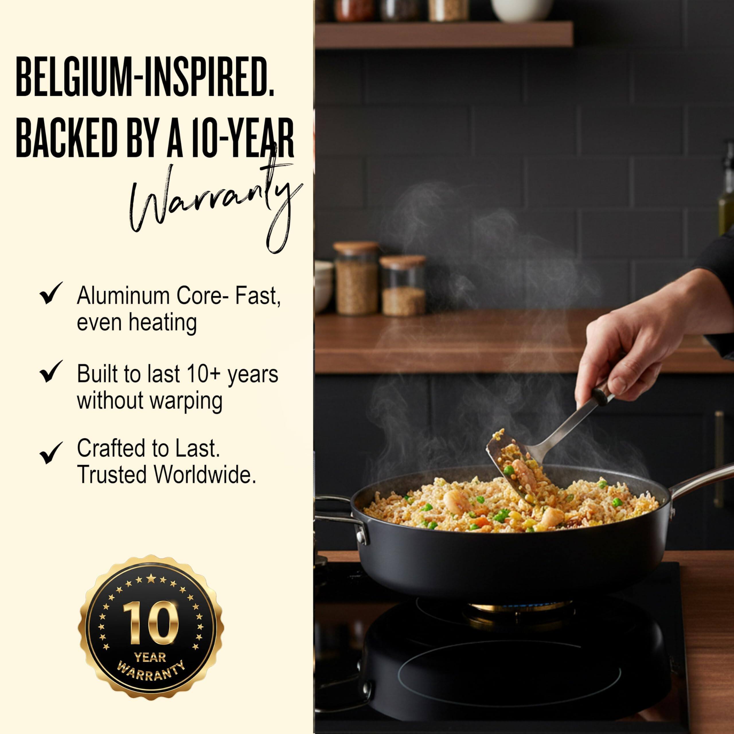 BELGIUM-INSPIRED.  
BACKED BY A 10-YEAR WARRANTY  

- Aluminum Core- Fast, even heating  
- Built to last 10+ years without warping  
- Crafted to Last. Trusted Worldwide.  

10 YEAR WARRANTY
