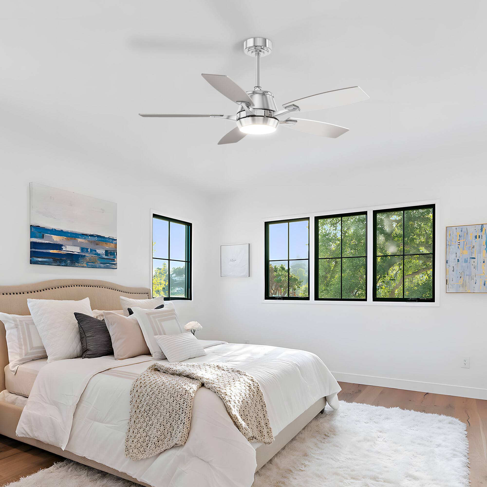 Angle. Siljoy - 52" Modern Low Profile Ceiling Fan with Light and APP/Remote, DC Reversible Motor, Dimmable LED for Bedroom/Living Room - Chrome.