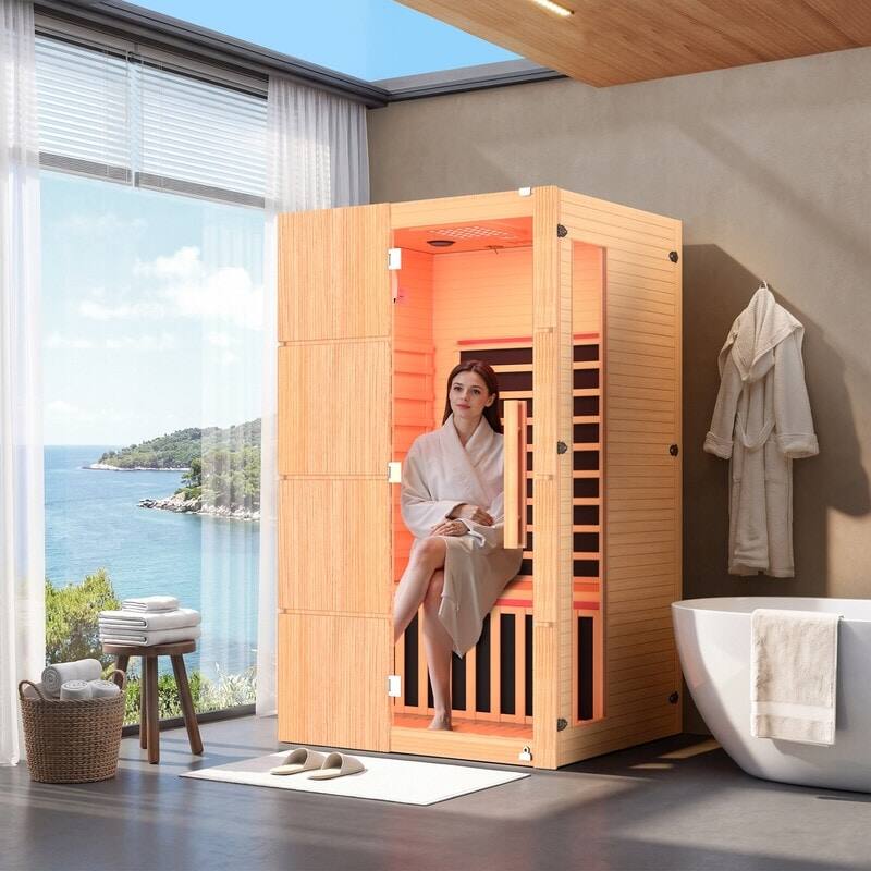 Angle. U-HOMY - Infrared Sauna with Red Light Therapy – Hemlock Build, Beauty Lamp & 15-Min Fast Warm-Up - Natural.