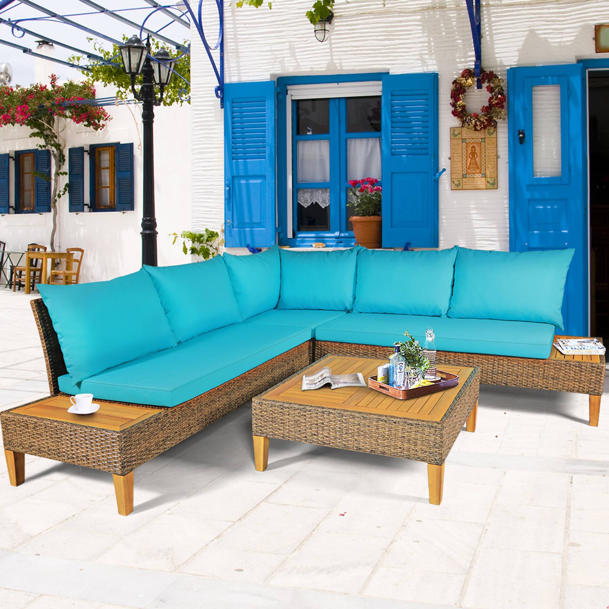 Alt View 2. Gymax - Gymax 4PCS Rattan Patio Sofa Set Outdoor Furniture Set w/ Turquoise Cushions - as pic.
