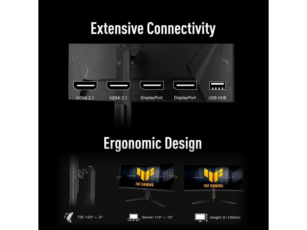 Extensive Connectivity  
HDMI 2.1  
HDMI 2.1  
DisplayPort  
DisplayPort  
USB HUB  

Ergonomic Design  
TUF GAMING  

Tilt: +20° ~ -5°  
Swivel: +10° ~ -10°  
Height: 0~130mm