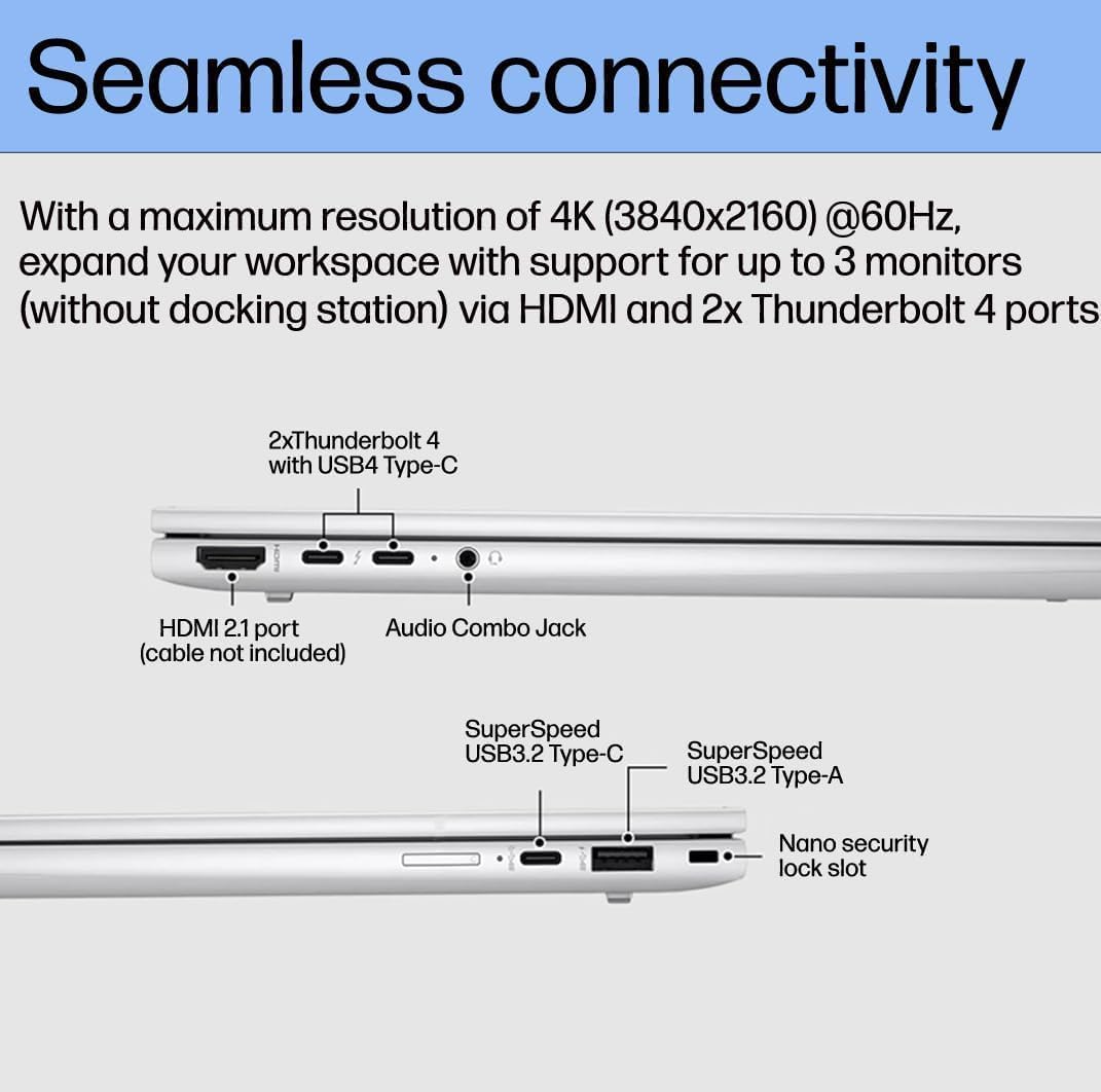 Seamless connectivity

With a maximum resolution of 4K (3840x2160) @60Hz, expand your workspace with support for up to 3 monitors (without docking station) via HDMI and 2x Thunderbolt 4 ports

- 2x Thunderbolt 4 with USB4 Type-C
- HDMI 2.1 port (cable not included)
- Audio Combo Jack
- SuperSpeed USB3.2 Type-C
- SuperSpeed USB3.2 Type-A
- Nano security lock slot