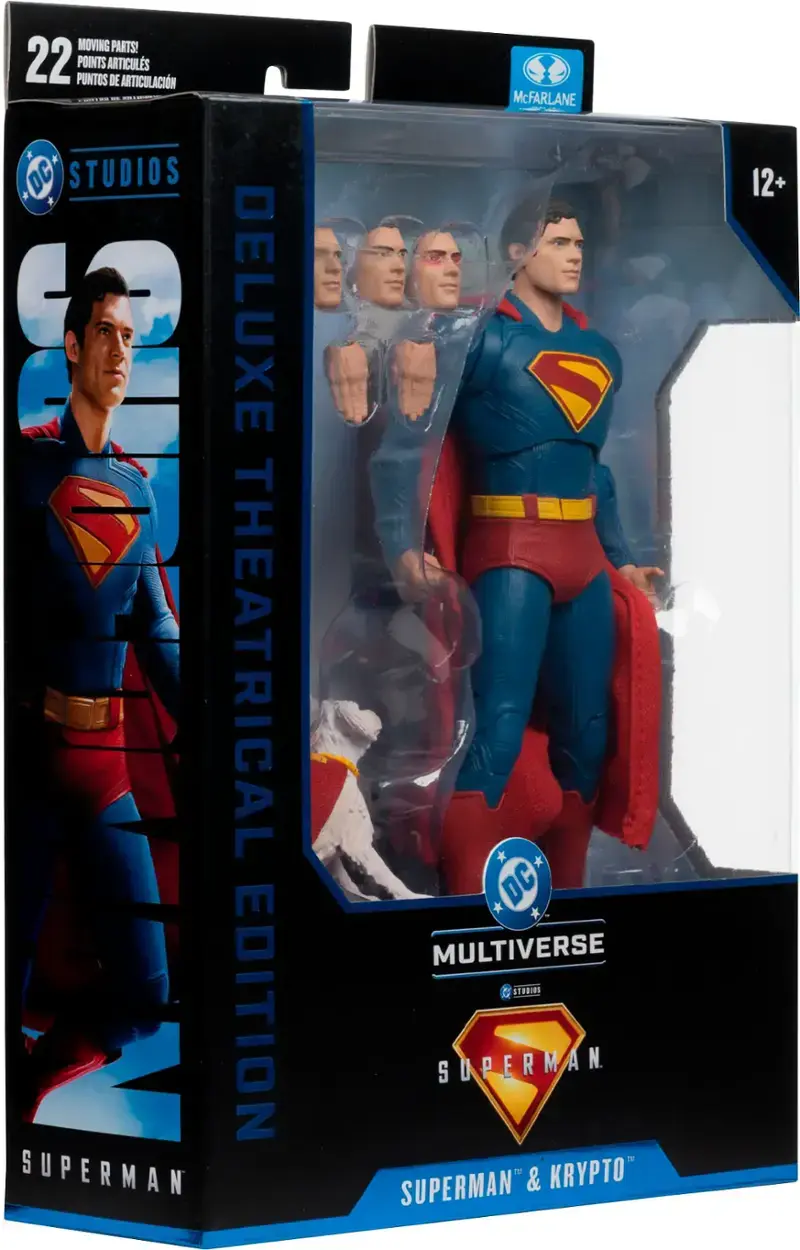 The image features a box containing a Superman action figure, which is part of the DC Multiverse line. The box is made of plastic and has a Superman logo on it. The figure is posed in a dynamic stance, ready to take action. The box also includes a booklet, which provides information about the character and its background. The action figure is a collectible item for fans of the DC Comics universe.