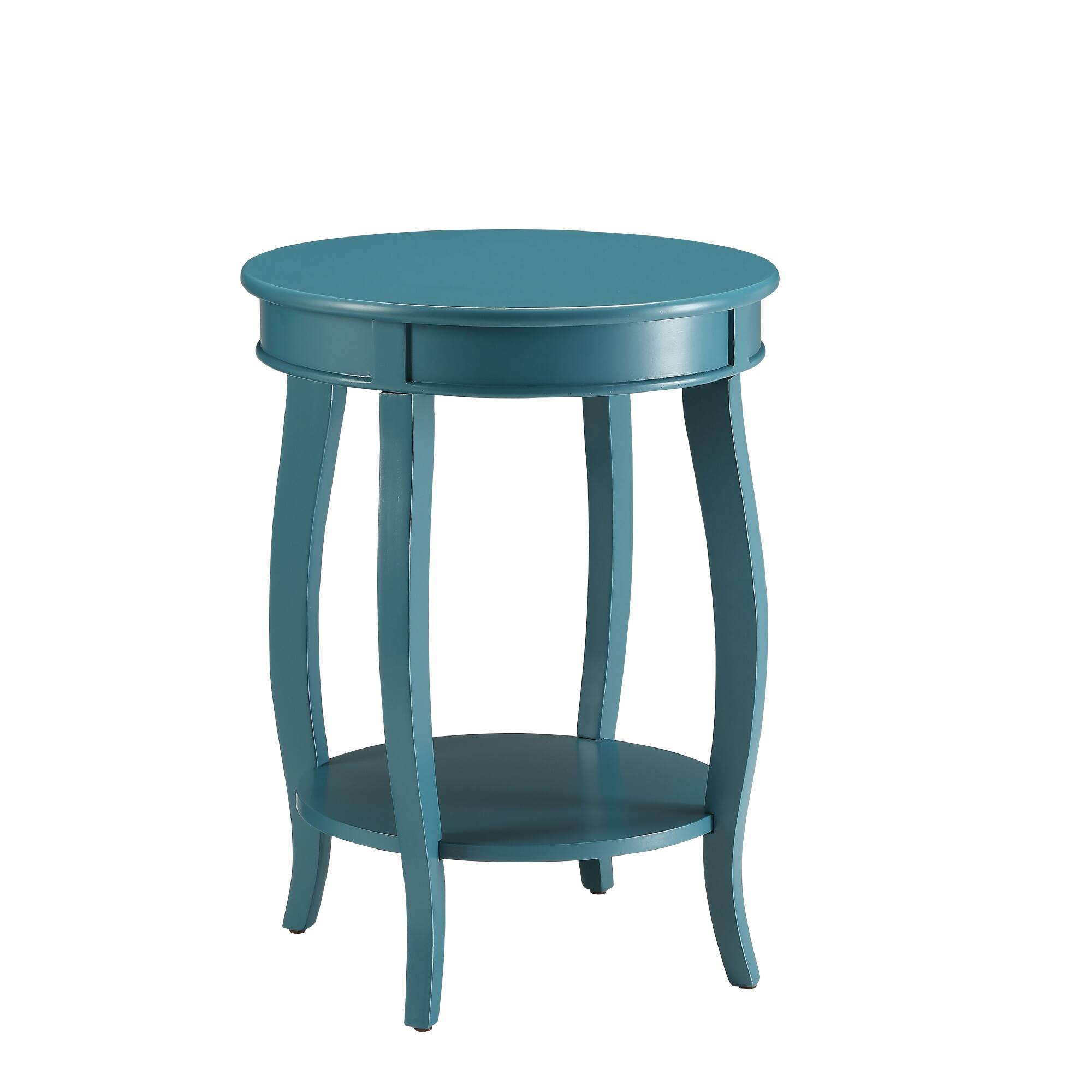 Angle. GOODSILO - Elegant Teal Finish Round Accent Table with Cabriole Legs and Bottom Storage Shelf for Living Room Decor - Teal.