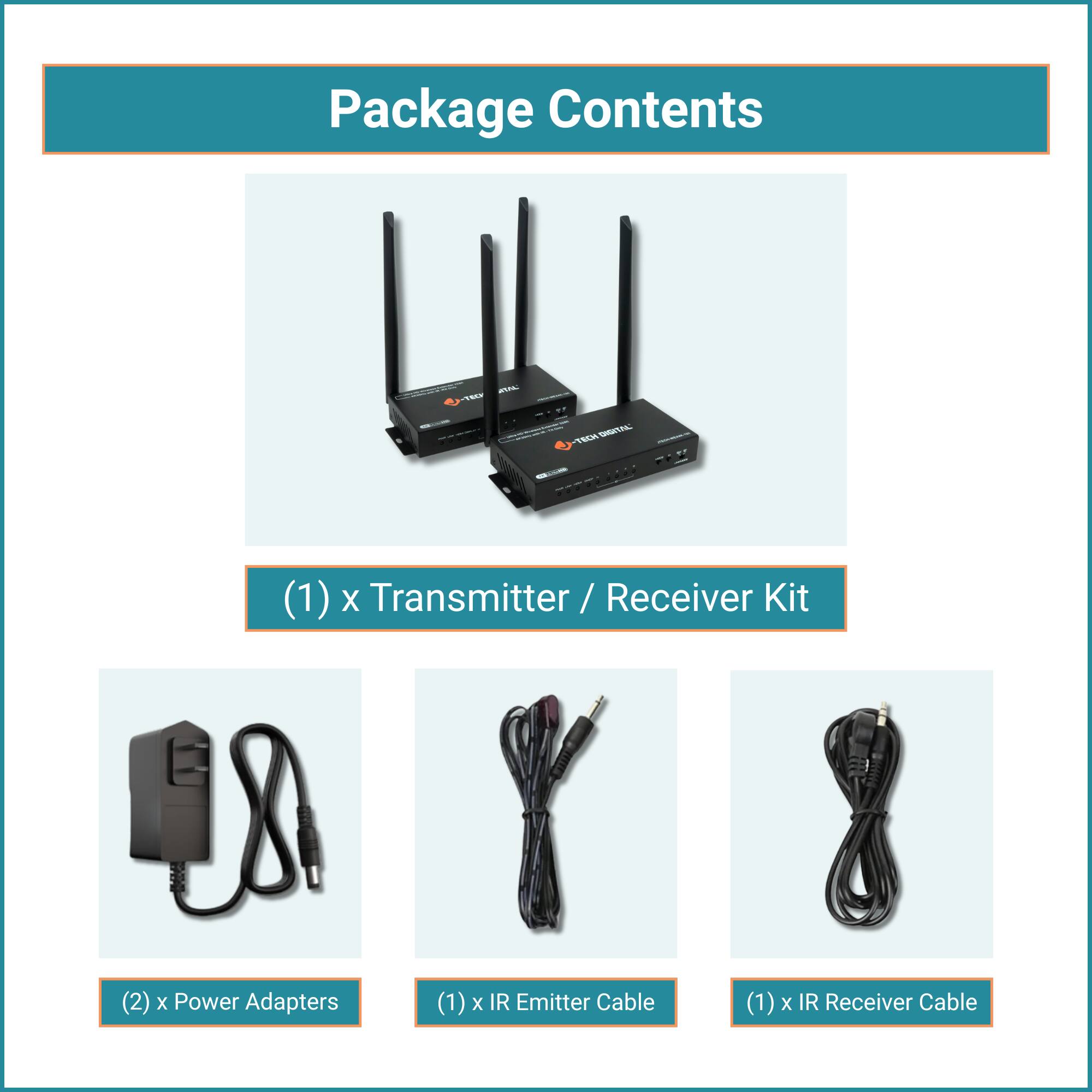 Package Contents

- (1) x Transmitter / Receiver Kit
- (2) x Power Adapters
- (1) x IR Emitter Cable
- (1) x IR Receiver Cable