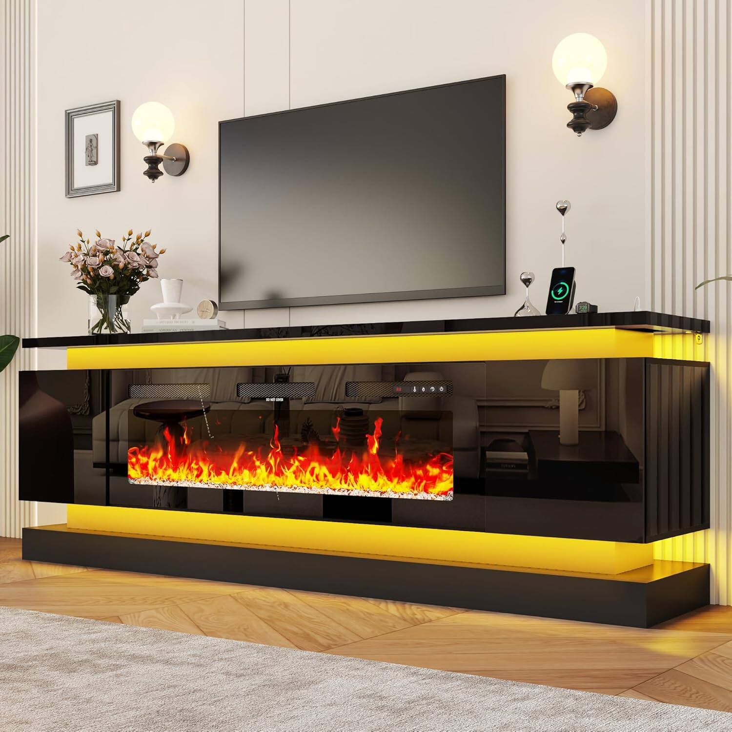 Left. Espafurni - 81" TV Stand w/50" Fireplace & Outlet, High Gloss, 2 Cabinets & Dual LEDs – Fits 75-90" TV - Black.