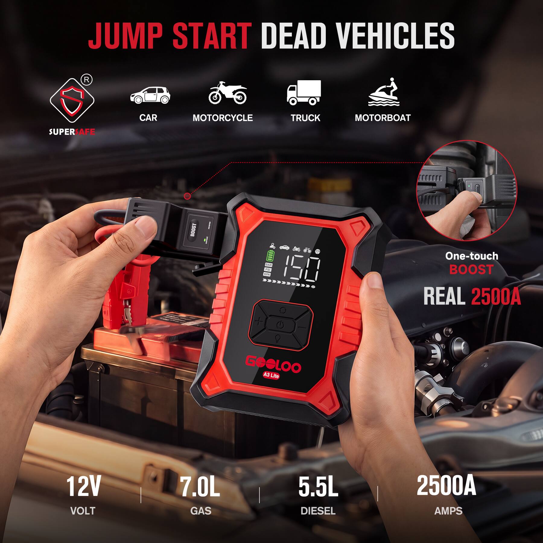 JUMP START DEAD VEHICLES

SUPERSAFE

CAR
MOTORCYCLE
TRUCK
MOTORBOAT

BOOST

SAT 06 >>>>>>>>>>>

One-touch BOOST REAL 2500A

GOOLOO A3Lito

12V VOLT

7.0L GAS

5.5L DIESEL

2500A AMPS