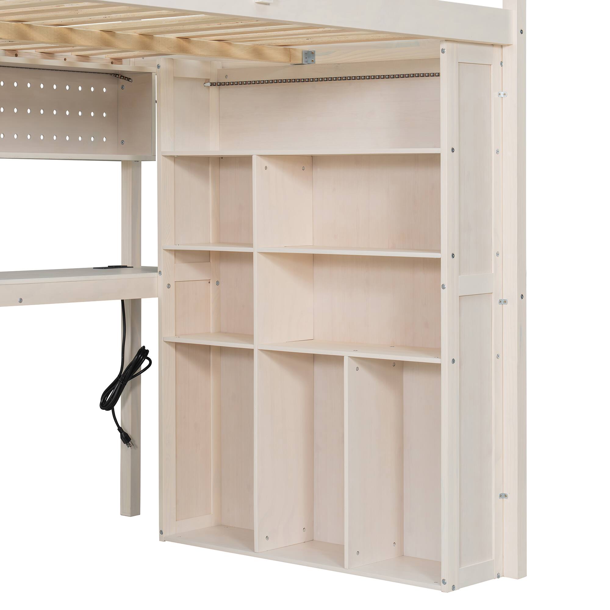 Alt View 5. Anysun - Full Loft Bed Frame with Built-In Wardrobe, Study Desk, Storage Shelves & Lights, Space-Saving Design for Bedroom - Beige.