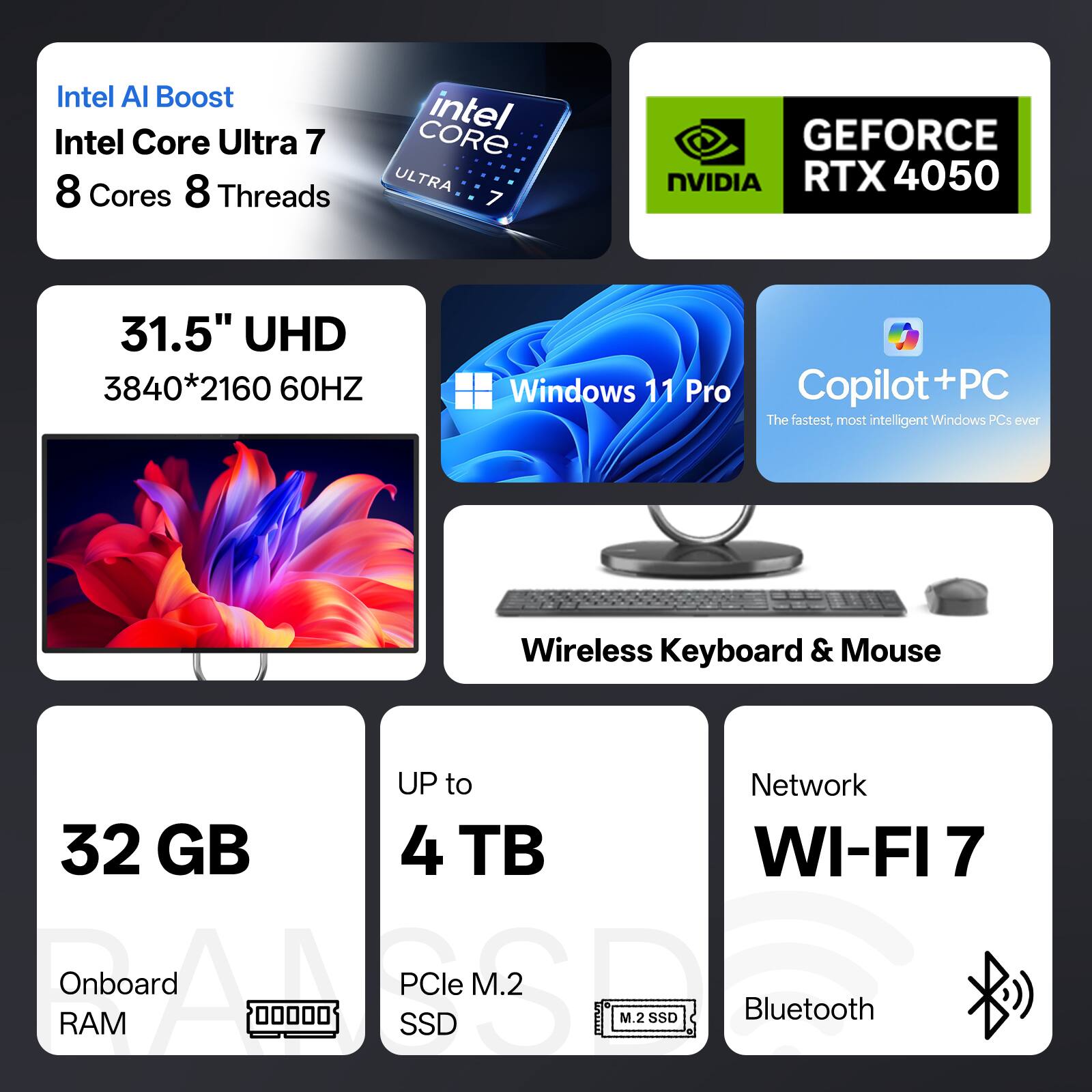 Intel AI Boost  
Intel Core Ultra 7  
8 Cores 8 Threads  
Intel Core Ultra  
NVIDIA RTX 4050  
31.5" UHD 3840*2160 60HZ  
Windows 11 Pro  
Copilot+PC  
The fastest, most intelligent Windows PCs ever  
Wireless Keyboard & Mouse  
Network  
WI-FI 7  
32 GB Onboard RAM  
Up to 4 TB PCIe M.2 SSD  
Bluetooth