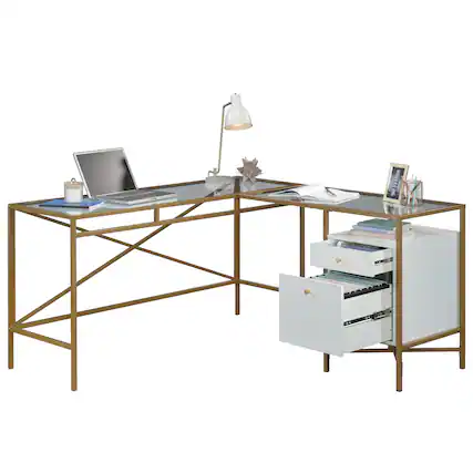 Front. Spaco - Spaco L-Shaped Glass Top Desk, Computer Desk with Drawers and Open Shelf, Metal Frame, for Home Office Gaming - White.