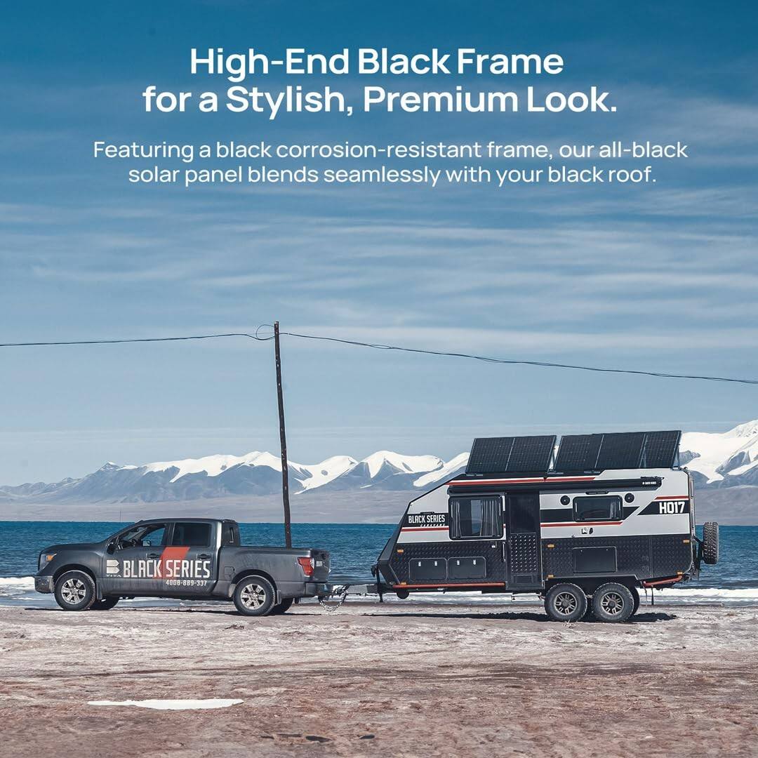 High-End Black Frame for a Stylish, Premium Look.  
Featuring a black corrosion-resistant frame, our all-black solar panel blends seamlessly with your black roof.  

BLACK SERIES  
H017  
BLACK SERIES 008-089-337