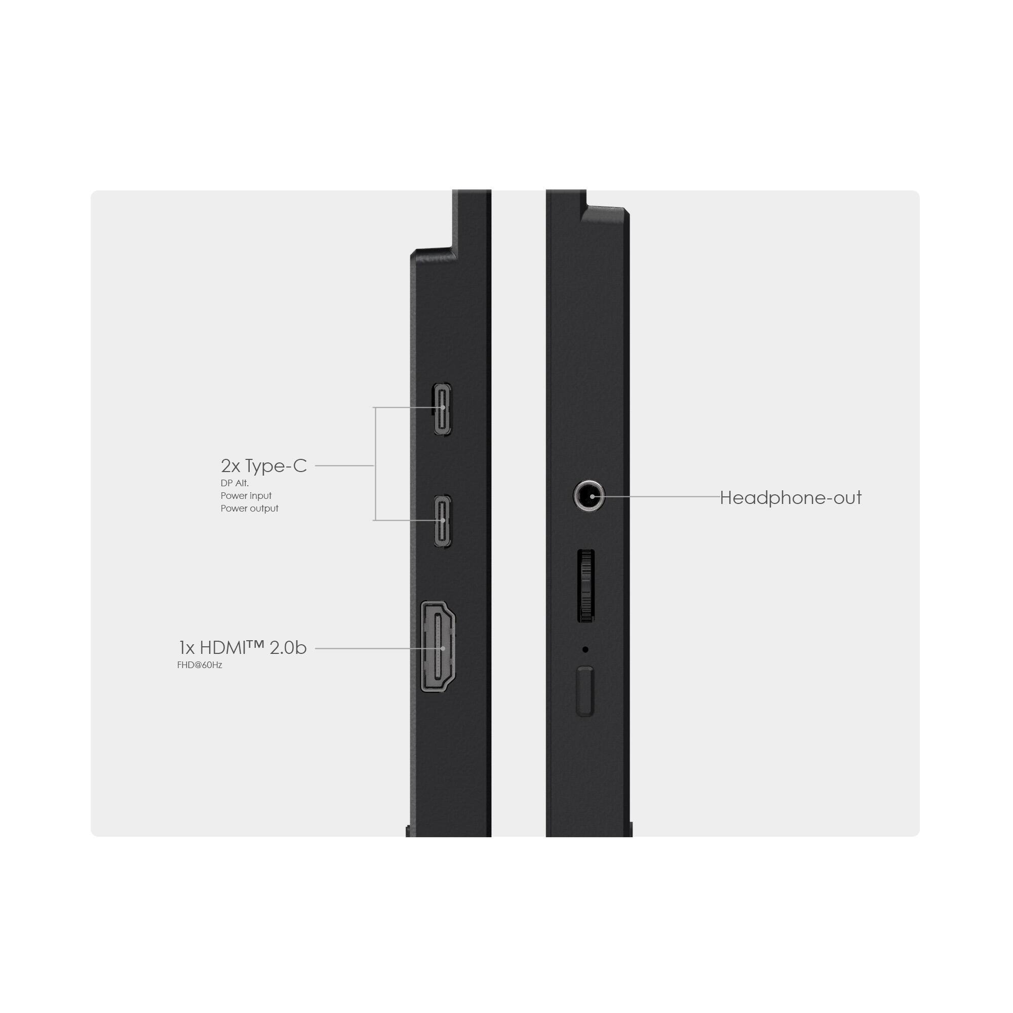 2x Type-C  
DP Alt.  
Power input  

1x HDMI™ 2.0b  
HDMI@60Hz  

Headphone-out  
Power output