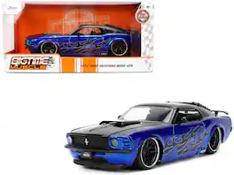 1970 Ford Mustang Boss 429 "Bigtime Muscle" Series 1/24 Diecast Model Car by Jada - Black and Blue Metallic with Flames