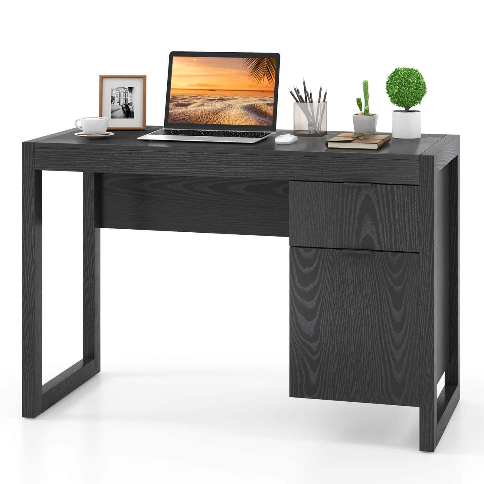 Costway - Computer Desk with Storage Cabinet Pull-out Drawer Stable Thick Legs for Bedroom - Black