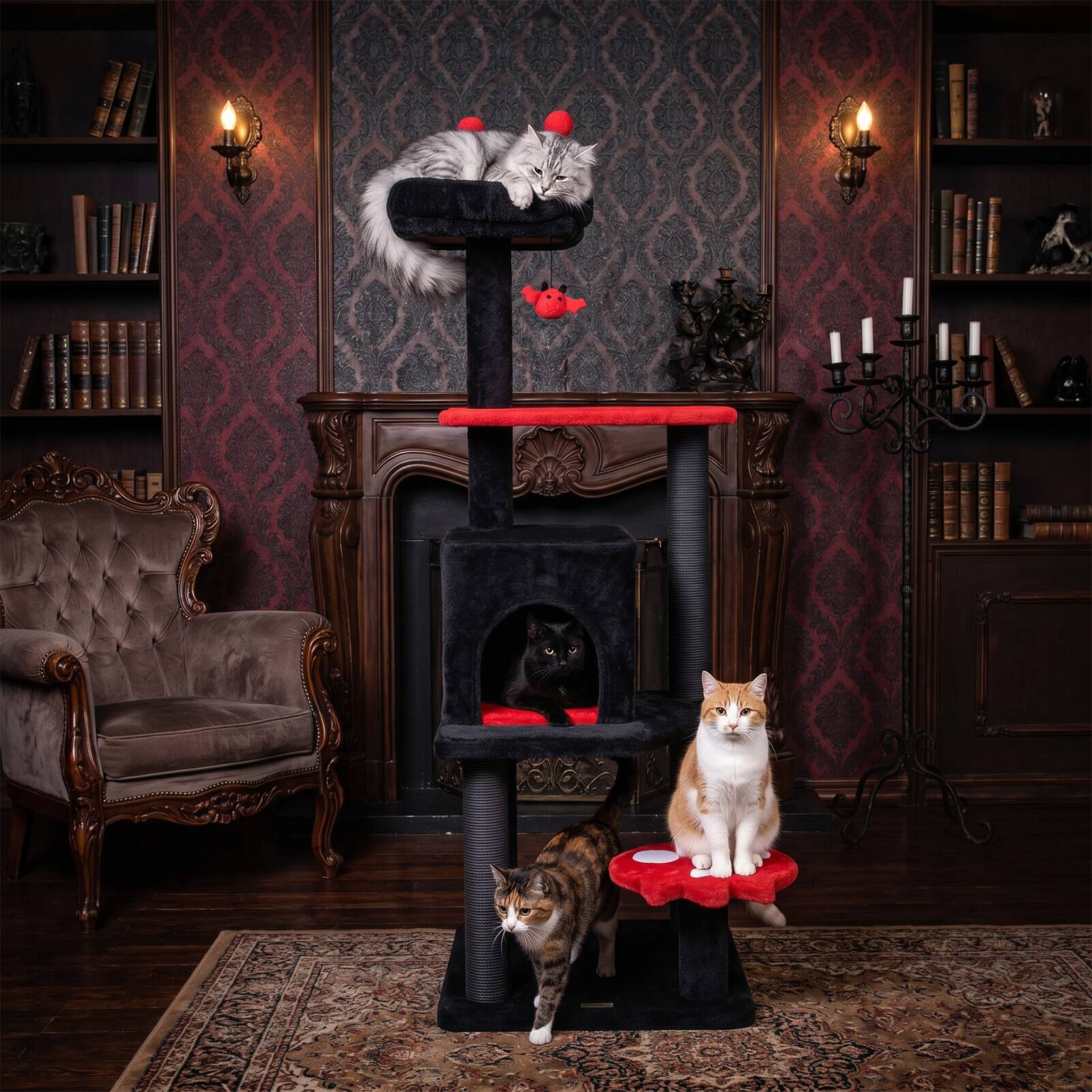 Alt View 4. Gymax - Gymax 57'' Gothic Cat Tree for Indoor Cats w/ Padded Perch 2-Entry Condo Hanging Toy Red & Black.