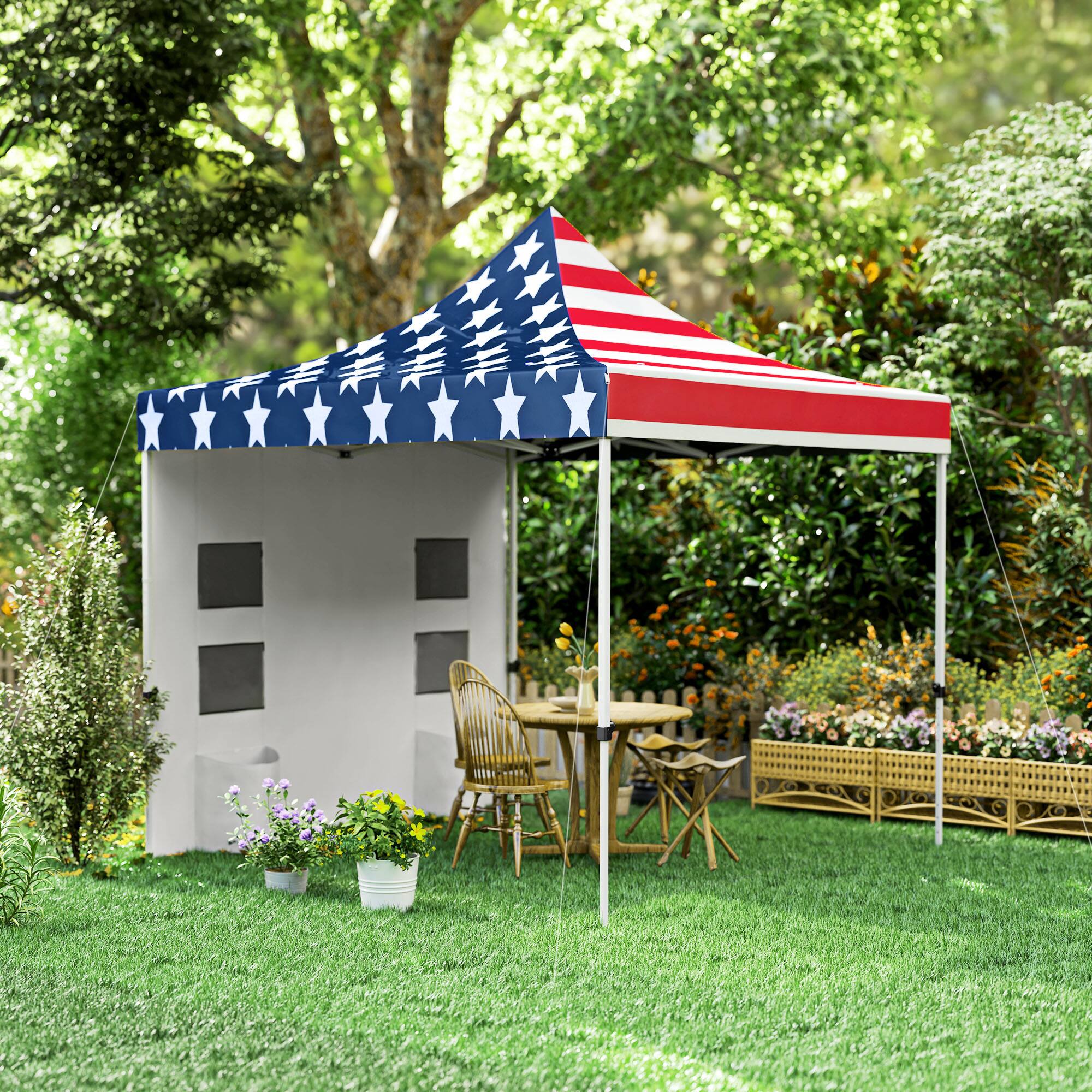 Alt View 8. Outsunny - 10' x 10' Heavy Duty Pop Up Canopy Tent with Sidewall, UPF50+ Instant Sun Shelter with Storage Pockets - American Flag Print.