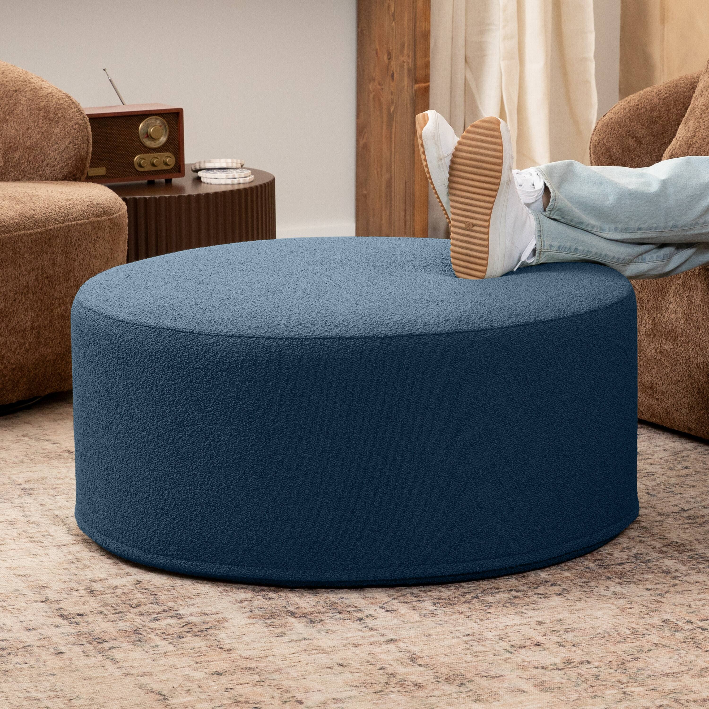 Angle. Jaxx - Jaxx Candler Round Couch Oversized Giant Coffee Table Ottoman, Kid Safe with Removable Cover, Boucle Navy - Boucle Navy.