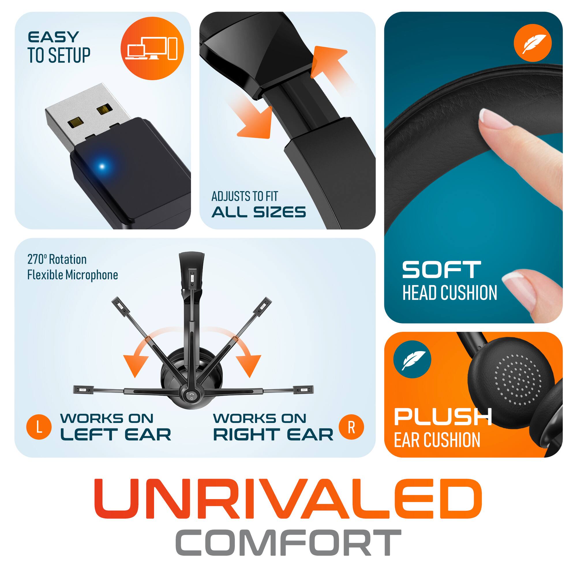 EASY TO SETUP, ADJUSTS TO FIT ALL SIZES, 270° Rotation Flexible Microphone, SOFT HEAD CUSHION, WORKS ON L LEFT EAR, WORKS ON R RIGHT EAR, PLUSH EAR CUSHION, UNRIVALED COMFORT