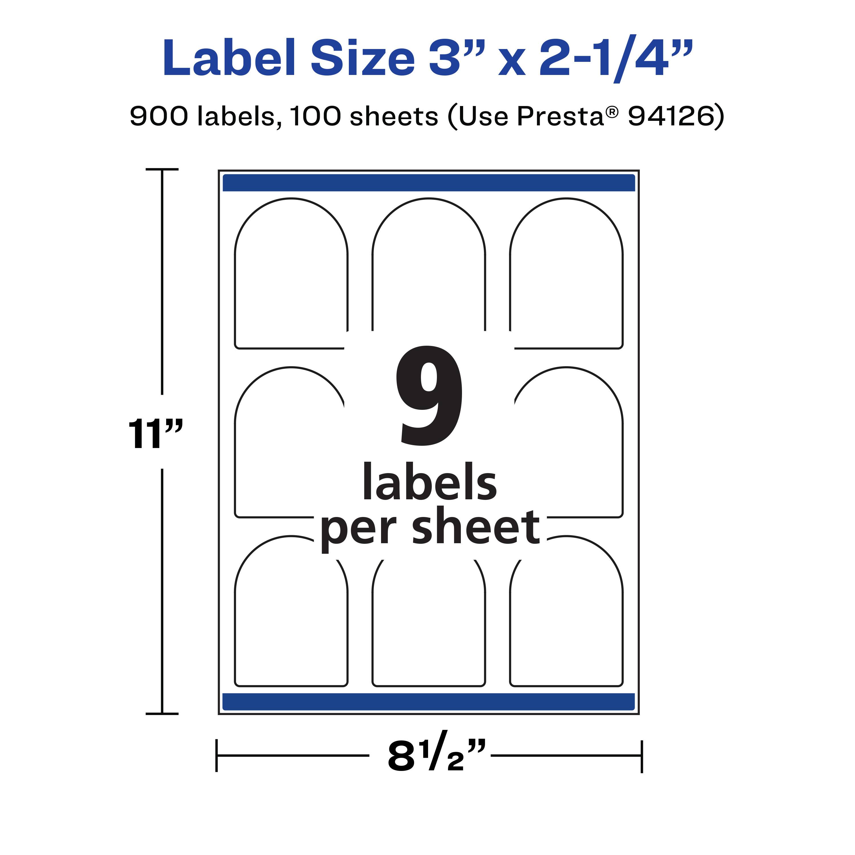 Label Size 3" x 2-1/4"  
900 labels, 100 sheets (Use Presta® 94126)  
11"  
9 labels per sheet  
8 1/2"