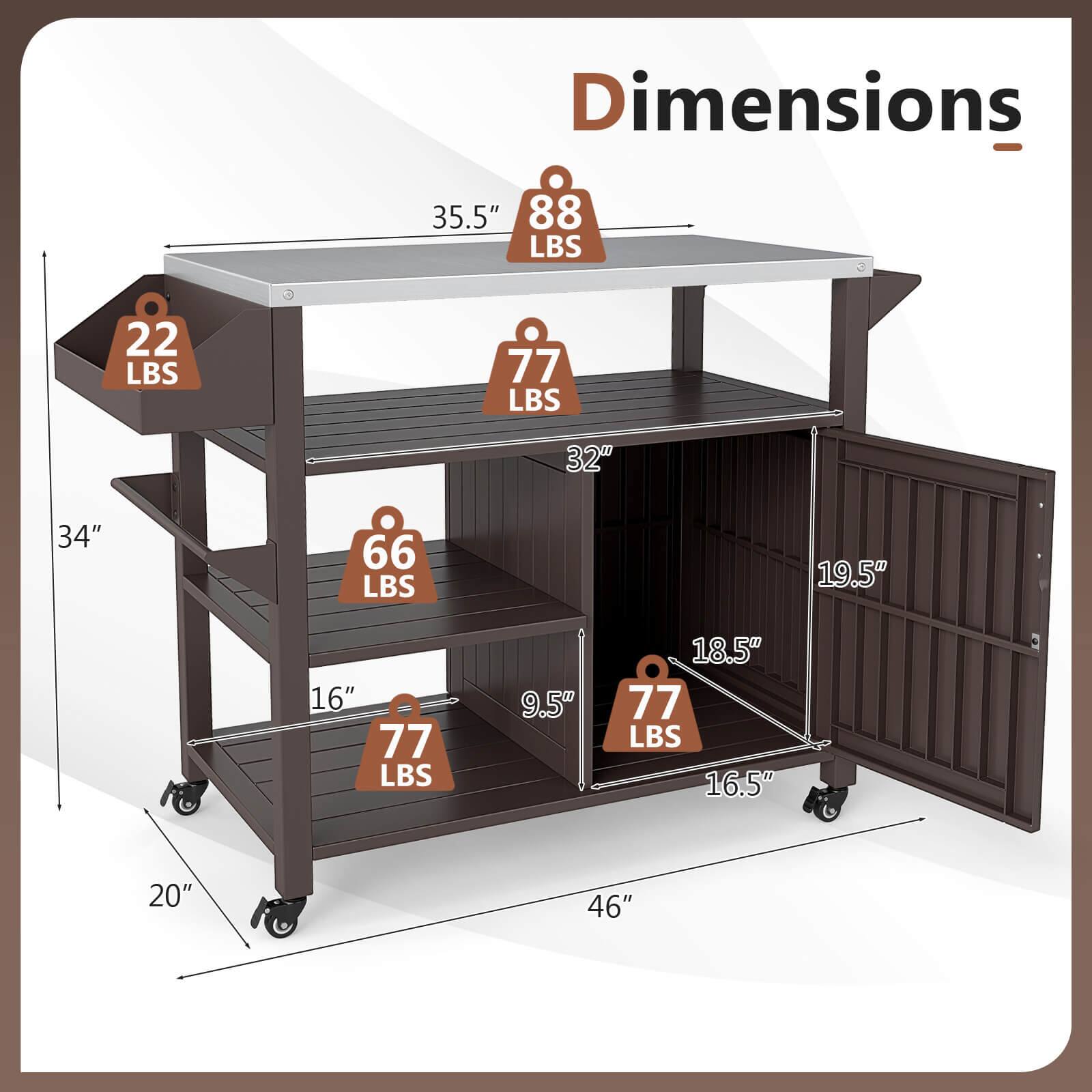 Dimensions:
- 35.5" (88 LBS)
- 32" (77 LBS)
- 34" (22 LBS)
- 16" (66 LBS)
- 19.5" (77 LBS)
- 18.5" (77 LBS)
- 9.5" (77 LBS)
- 16.5" (46")
- 20" (46")