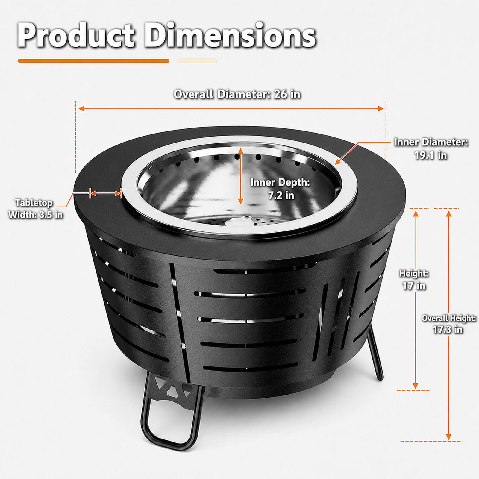 Product Dimensions

- Overall Diameter: 26 in
- Inner Diameter: 19.1 in
- Tabletop Width: 3.5 in
- Inner Depth: 7.2 in
- Height: 17 in
- Overall Height: 17.3 in