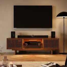 POVISON - 71" Mid-Century Modern TV Stand with storage - Walnut Color