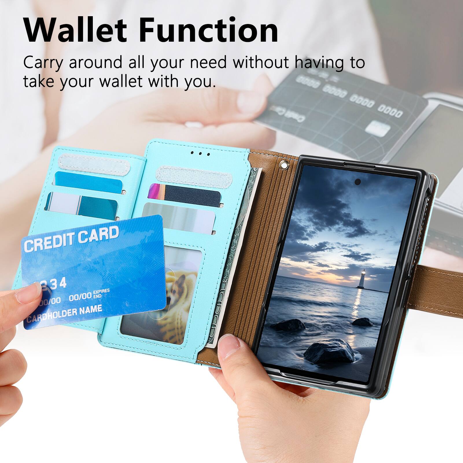 Wallet Function  
Carry around all your need without having to take your wallet with you.  

CREDIT CARD  
34  
00/00  
EXPIRES 00/00  
CARDHOLDER NAME