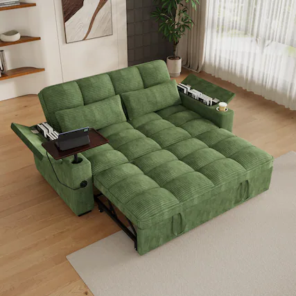 Front. Anysun - 65" 3-in-1 Corduroy Convertible Sofa Bed - Pullout Design with 360° Swivel Table, Easy Assembly for Living Room - Green.
