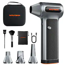 WOLFBOX - Cordless Electric Air Duster with Removable Battery, 3-Speed Adjustable Compressed Air Duster with hand carrying case - Silver