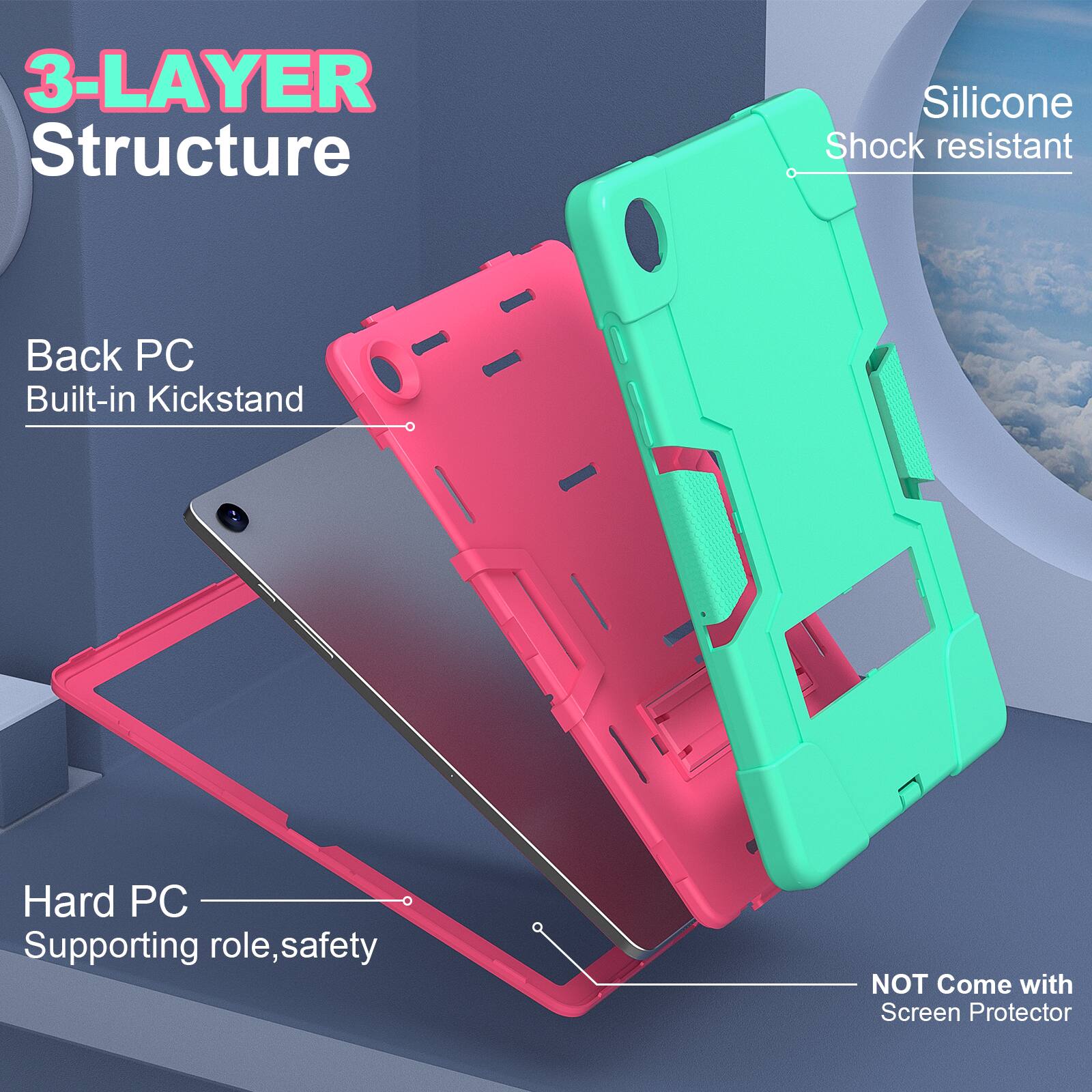 3-LAYER Structure Silicone Shock resistant Back PC Built-in Kickstand Hard PC Supporting role, safety NOT Come with Screen Protector