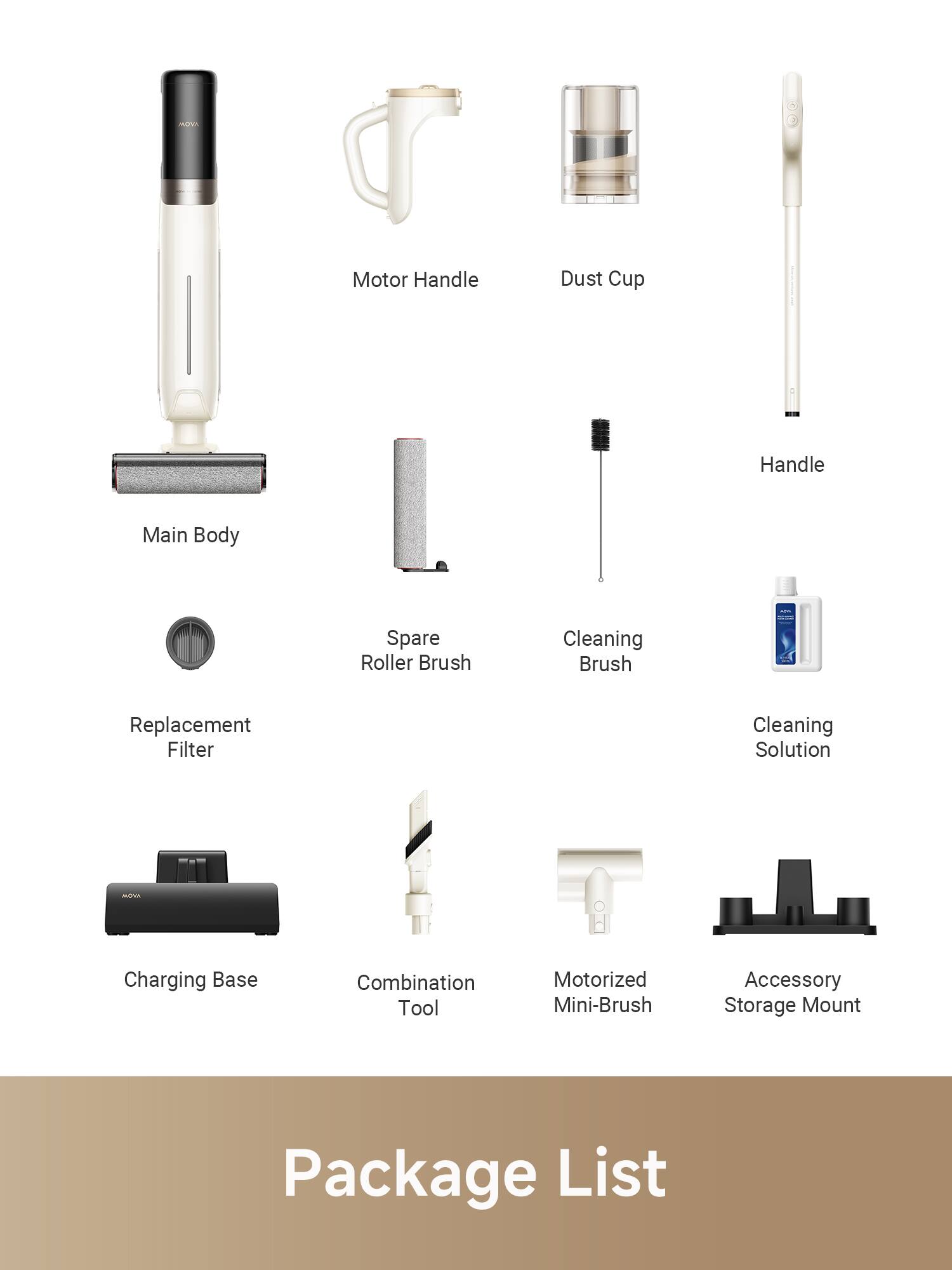 Motor Handle, Dust Cup, Handle, Main Body, Spare Roller Brush, Cleaning Brush, Replacement Filter, Cleaning Solution, Charging Base, Combination Tool, Motorized Mini-Brush, Accessory Storage Mount, Package List