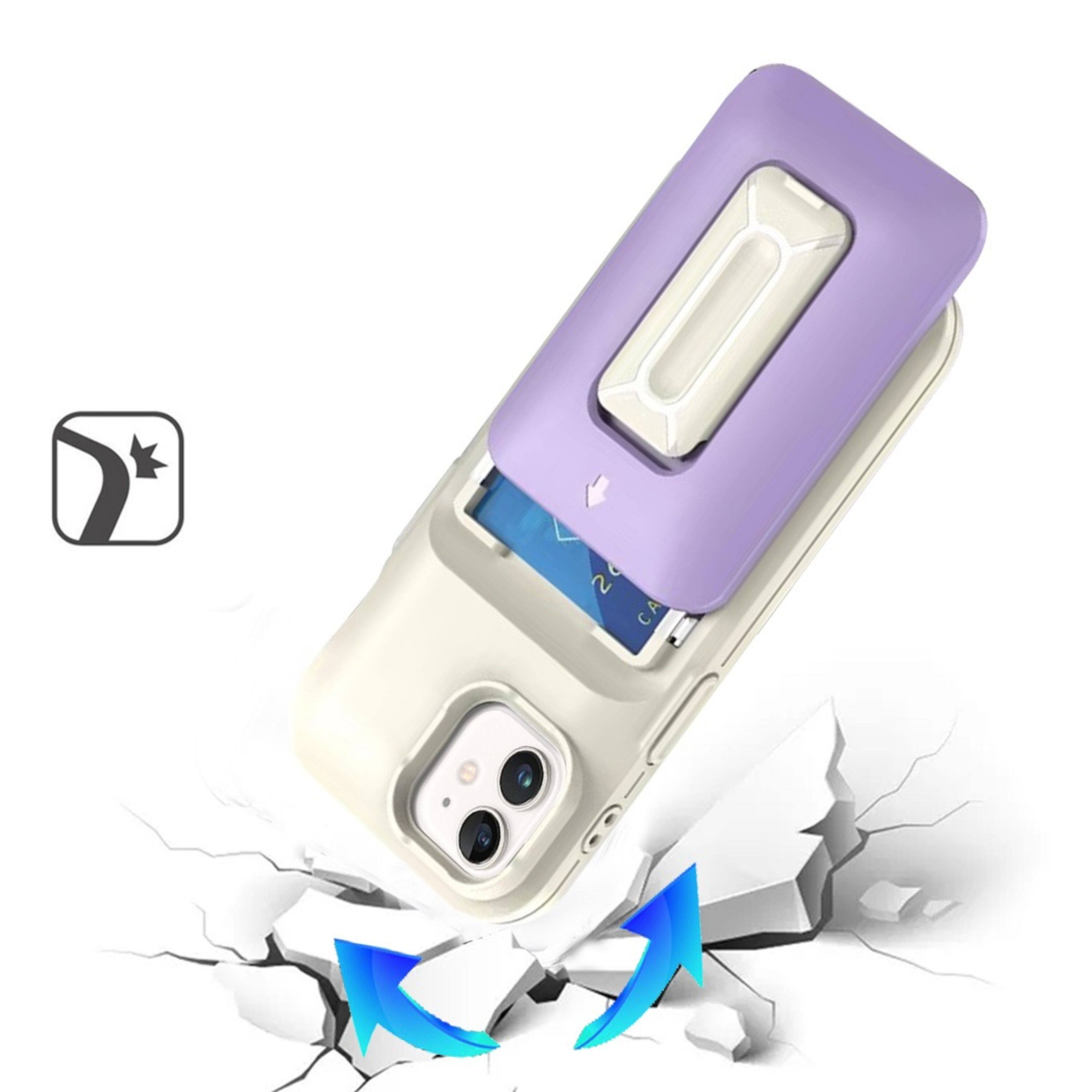 Angle. Kitcheniva - Shockproof Card Holder Kickstand And Strap Phone Case With Tempered Glass For iPhone 11 Beige Light Purple - Beige Light Purple.