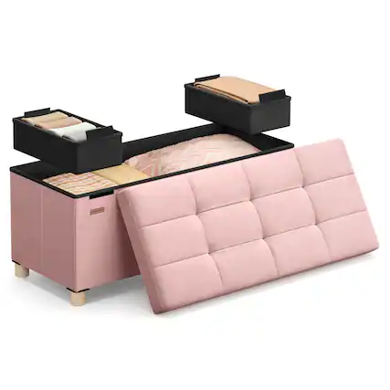 Front. Songmics Home - Storage Ottoman Bench, Folding Storage Chest, 15 x 30 x 15.2 Inches, Foot Rest Stool, 20 Gal. (77 L), Velvet Surface - Jelly Pink.