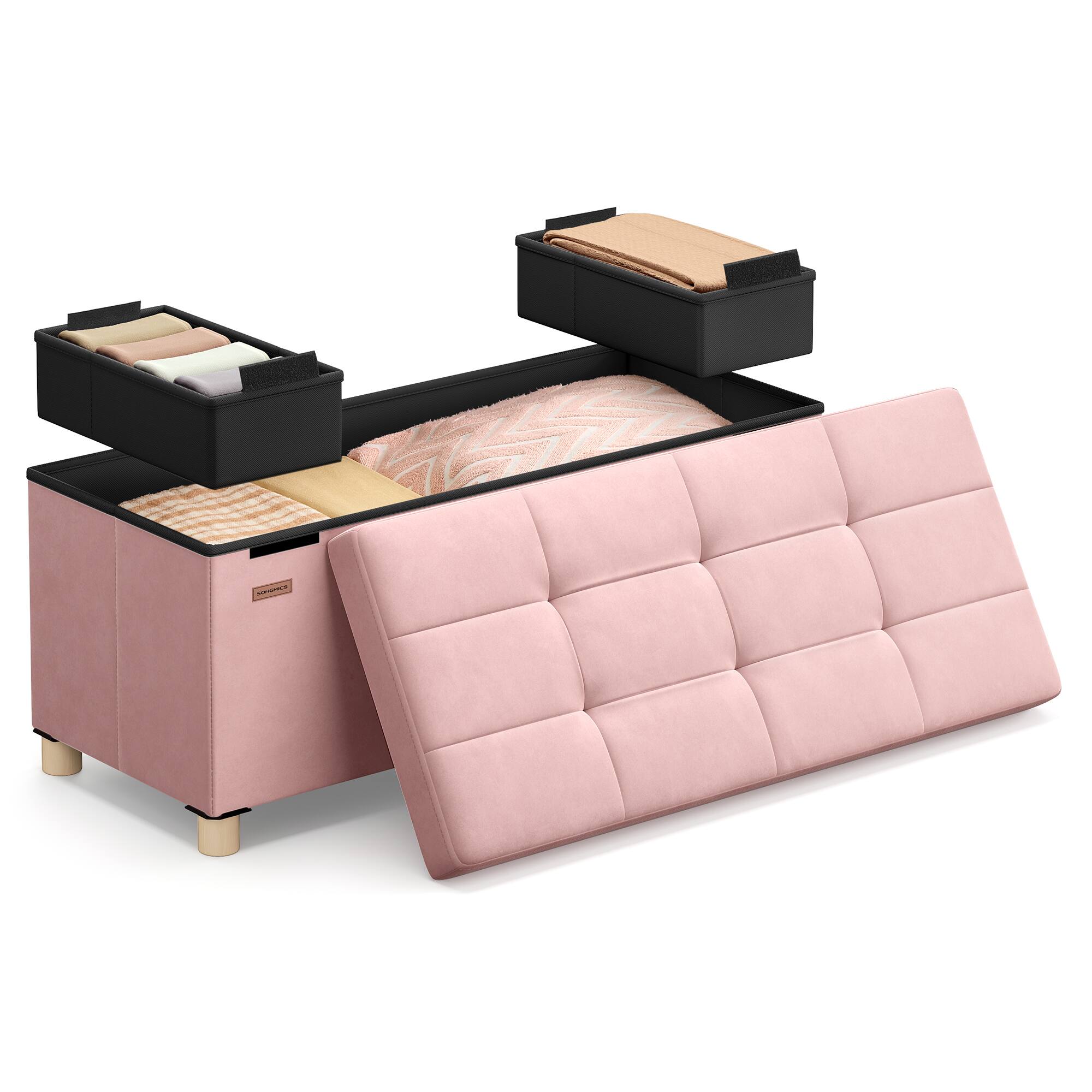 Front. Songmics Home - Storage Ottoman Bench, Folding Storage Chest, 15 x 30 x 15.2 Inches, Foot Rest Stool, 20 Gal. (77 L), Velvet Surface - Jelly Pink.