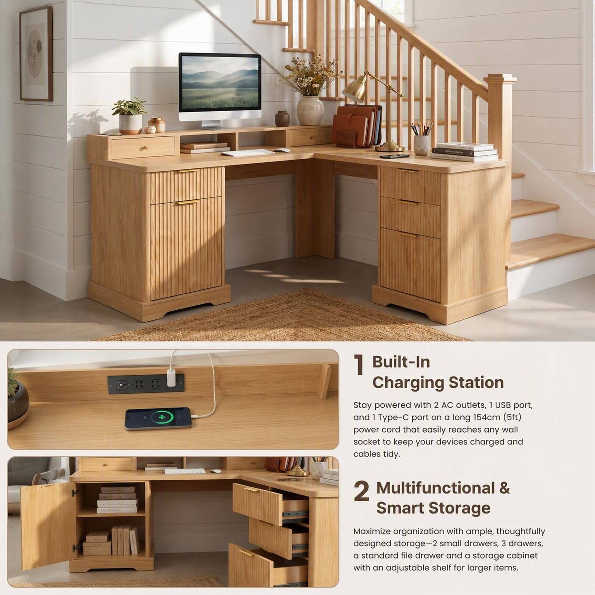 1. Built-In Charging Station
Stay powered with 2 AC outlets, 1 USB port, and 1 Type-C port on a long 154cm (5ft) power cord that easily reaches any wall socket to keep your devices charged and cables tidy.

2. Multifunctional & Smart Storage
Maximize organization with ample, thoughtfully designed storage-2 small drawers, 3 drawers, a standard file drawer and a storage cabinet with an adjustable shelf for larger items.