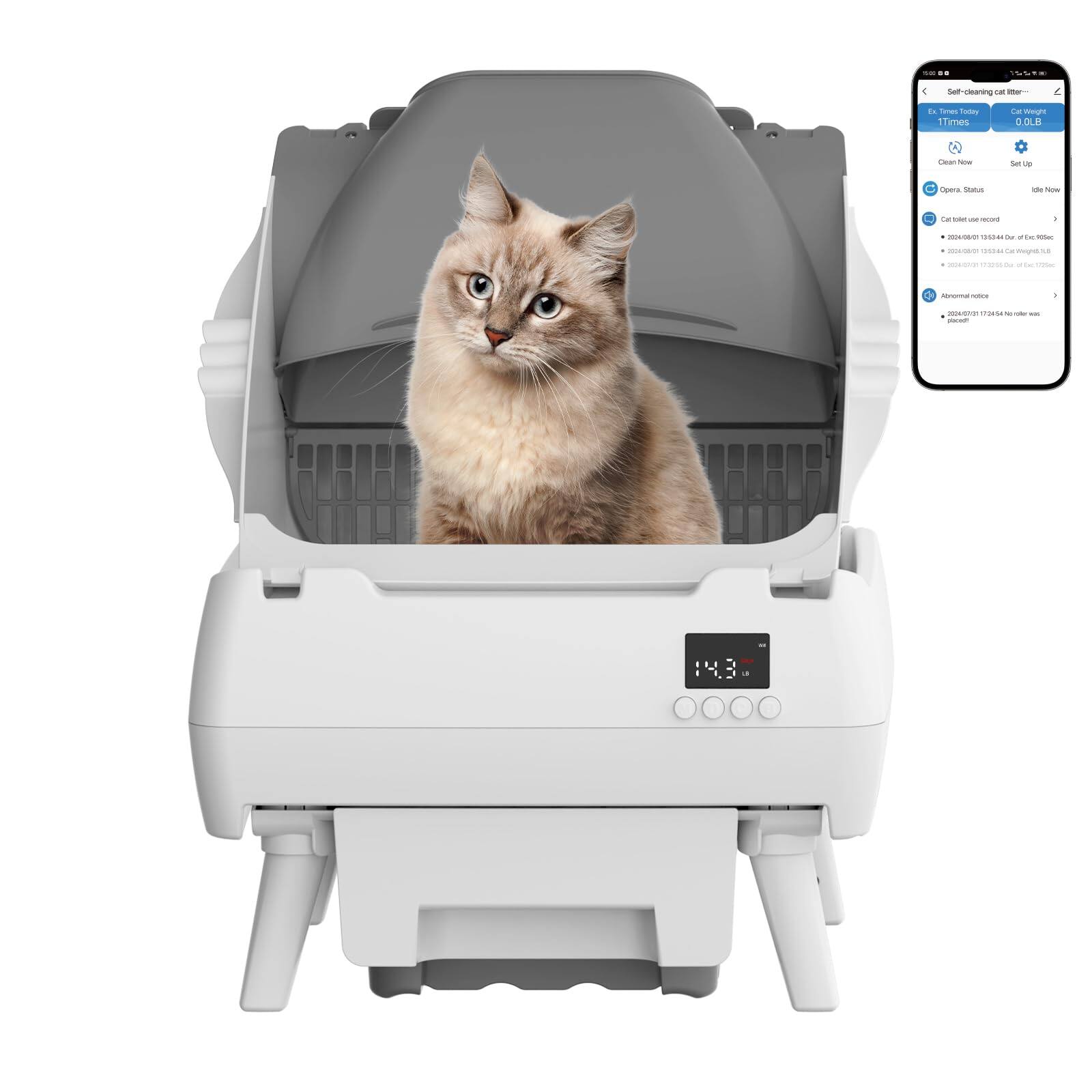 GlowWise - Smart self-cleaning litter box w/ app control, health monitor & safety sensors. Quiet, open-design for cats/kittens - White