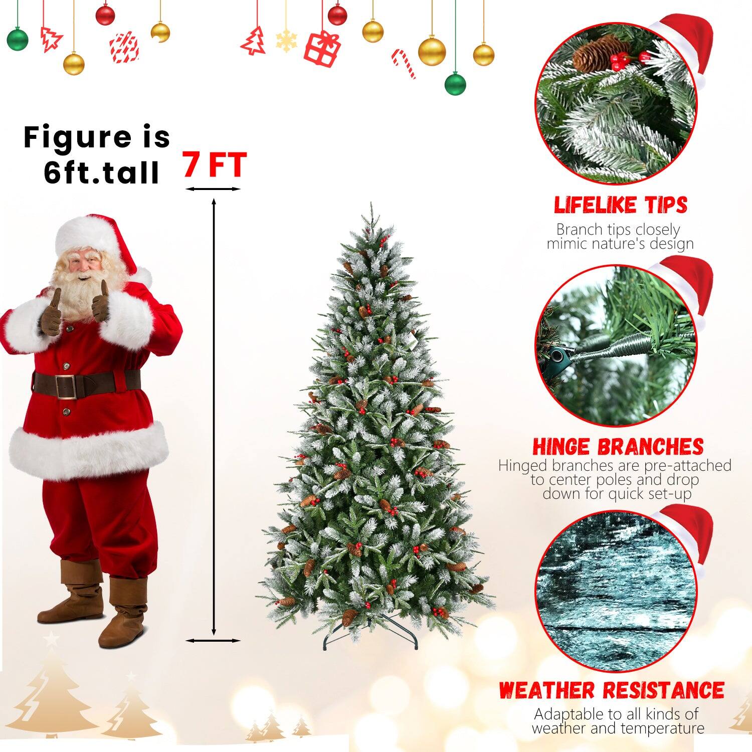 - Figure is 6ft. tall
- 7 FT
- LIFELIKE TIPS: Branch tips closely mimic nature's design
- HINGE BRANCHES: Hinged branches are pre-attached to center poles and drop down for quick set-up
- WEATHER RESISTANCE: Adaptable to all kinds of weather and temperature