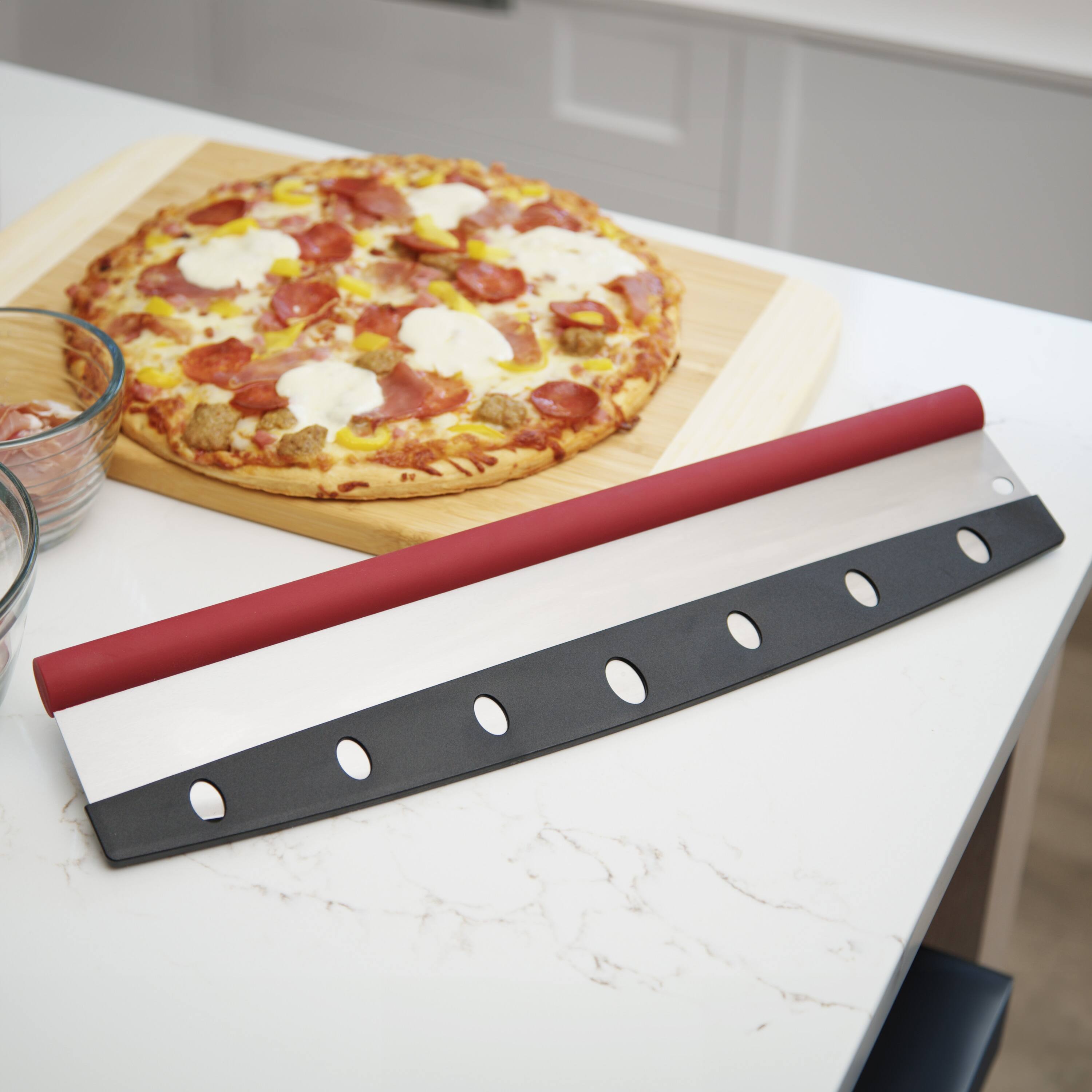 Left. Escali - Old Stone Pizza Rocker with Comfort Grip Handle, 18-Inch - Red/Silver.