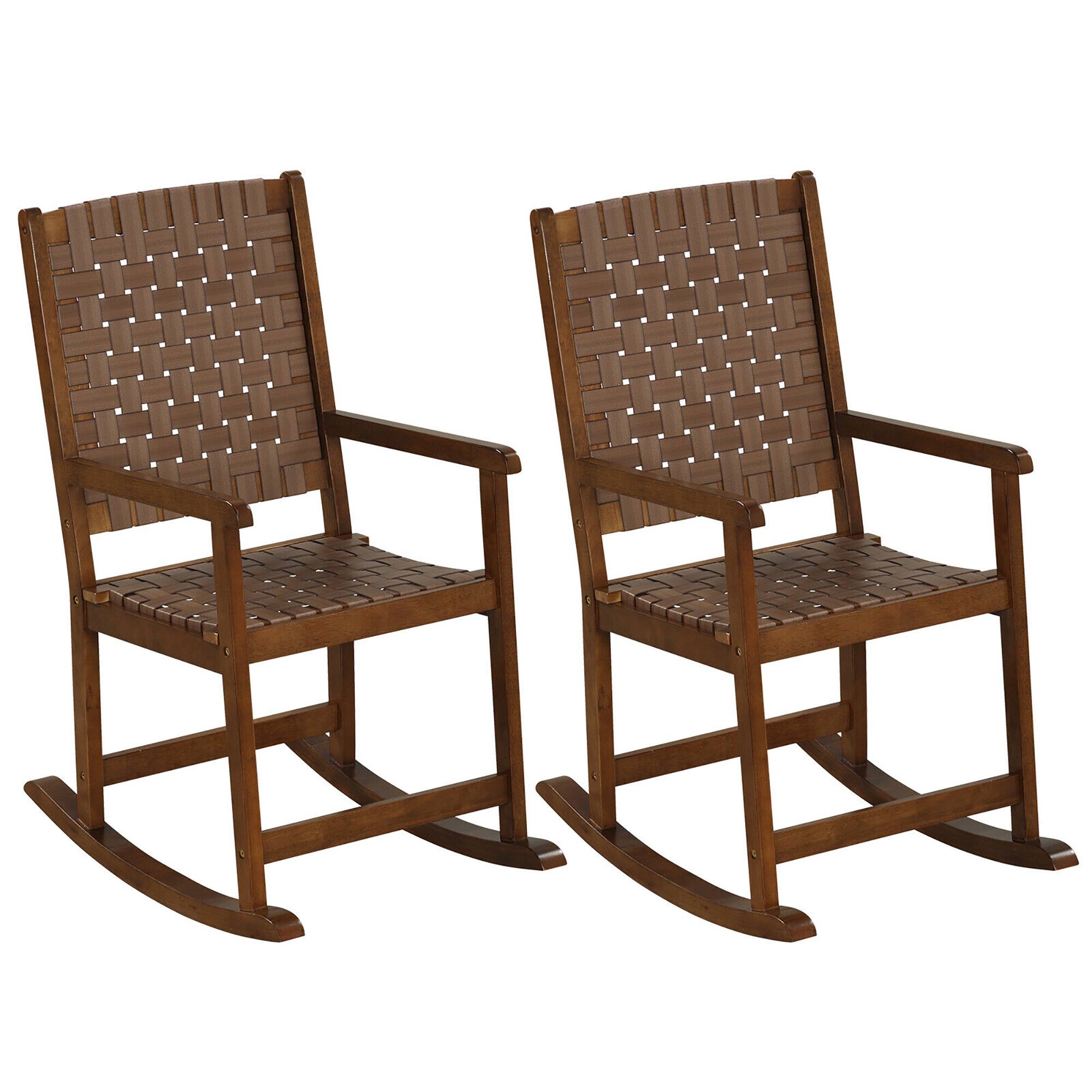 Front. Gymax - Gymax 2PCS Rocking Chair w/PU Seat & Rubber Wood Frame Safe & Smooth Rocking Motion - Brown.