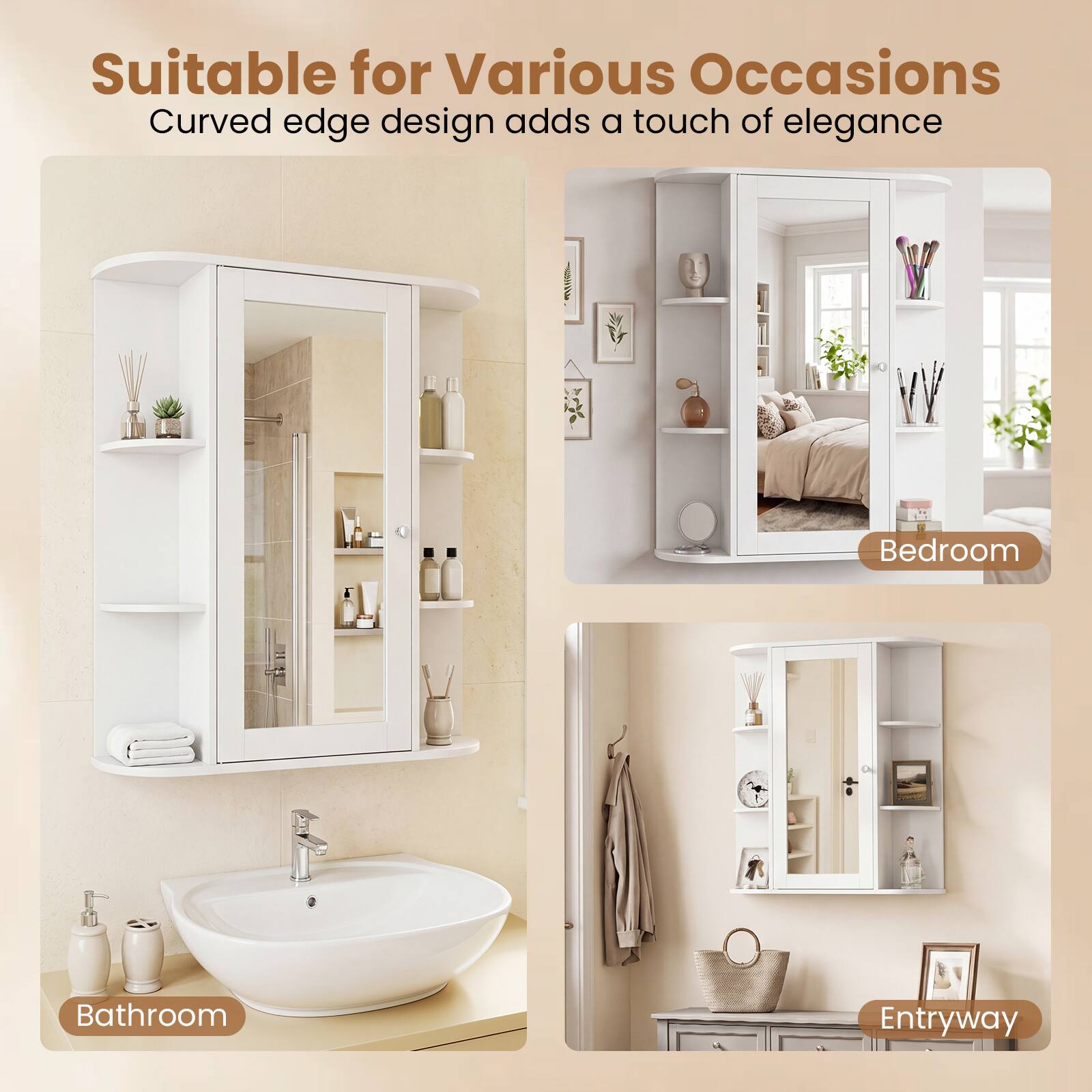 Suitable for Various Occasions  
Curved edge design adds a touch of elegance  

- Bedroom  
- Bathroom  
- Entryway