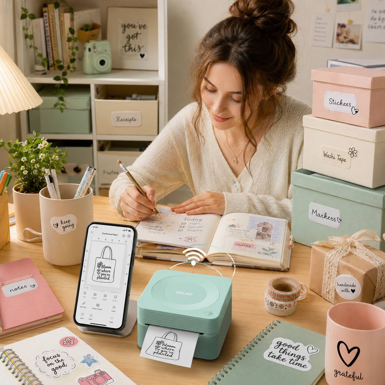 you've got this  
Te a de leen I Receipts Stickers Washi Tape keep going ..  
- - - Today N P Greate Jespire C Markers - + .  
Etas notes &P . -  
Bloom where you planted 2 -  
NELKO handmade with i focus on the good Ye de where neem m5 'e planted good things take time grateful