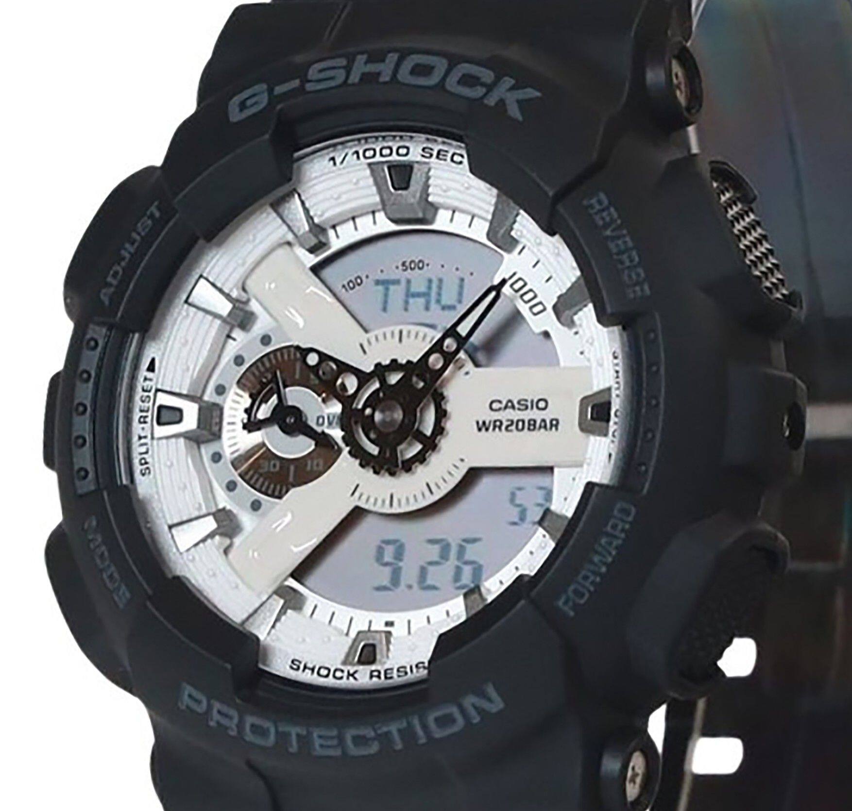 G-SHOCK  
1/1000 SEC  
ADJUST  
100 THU 500 1000  
REVERSE  
JTAN  
CASIO  
SPLIT-RESET  
DV  
WR20BAR  
30 10 57  
MODE 9.25  
FORWARD  
SHOCK RESIST  
PROTECTION