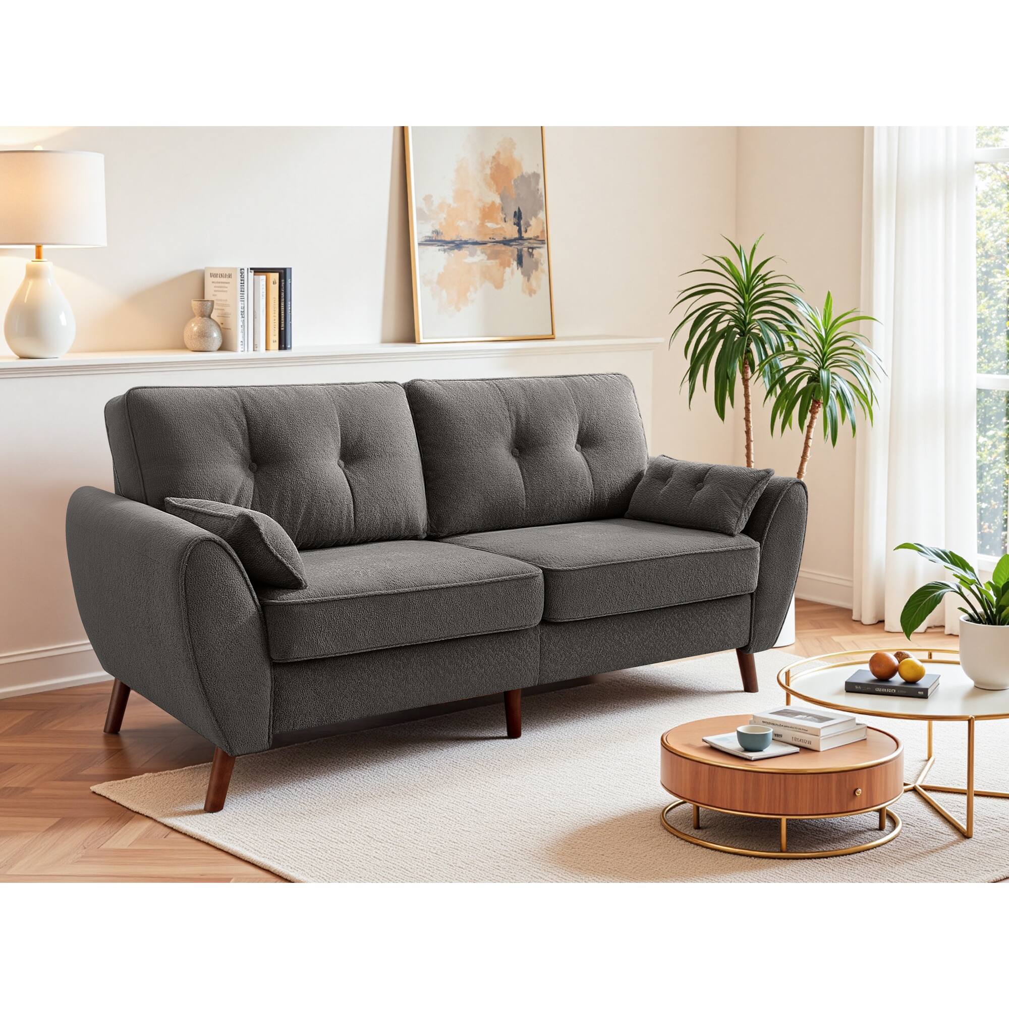 Front. KERDOM - Soft Teddy Fleece Loveseat Futon Small Couch for Apt, Office, Deep Seat Sofa Bed, Fluffy Thick Back Cushion, Arms Pillow - Grey.